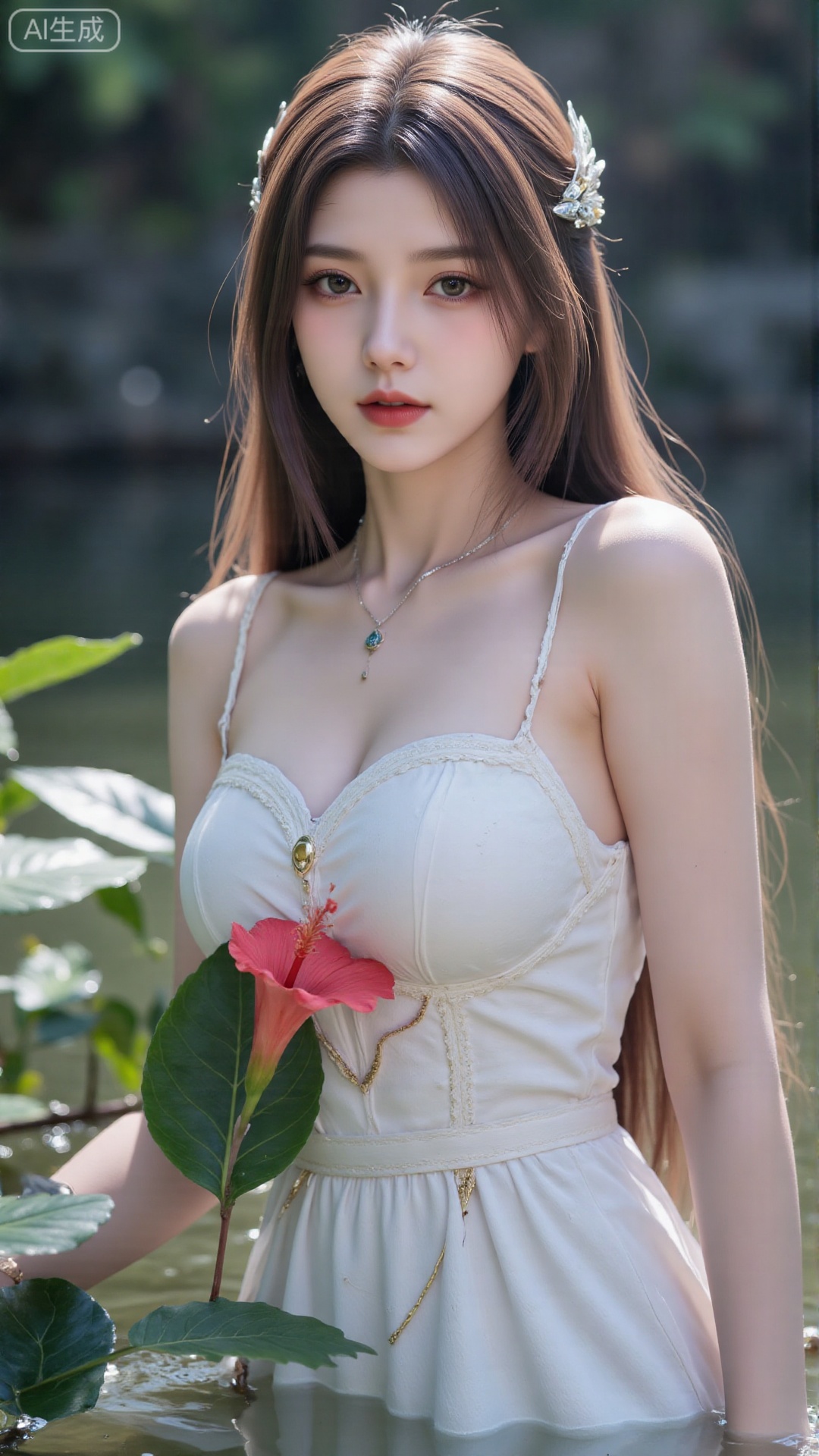1girl, solo, long hair, breasts, looking at viewer, blush, open mouth, bangs, brown hair, hair ornament, dress, bare shoulders, brown eyes, medium breasts, collarbone, flower, parted lips, hair flower, water, white dress, sleeveless dress, leaf, plant, red flower, partially submerged, hibiscus
,backlighting,depth of field,cinematic lighting,light particles,lens flare, (artist:quasarcake:0.8),extreme aesthetic,(wlop:0.6),masterpiece,best quality,good quality,newest,very aesthetic,absurdres,Visual impact,A shot with tension, ultra-high resolution,32K UHD,sharp focus,best-quality,masterpiece,Emotionalization,unconventional supreme masterpiece,masterful details,temperate atmosphere,with a high-end texture,in the style of fashion photography, (alzi xiaomI:1.2),(mogumo:1.1),(good hands, nice hands:0.5),giving the poster a dynamic and visually striking appearance,impactful picture,offcial art,colorful,movie perspective, masterpiece,best quality,amazing quality,very aesthetic,absurdres,best quality,newest