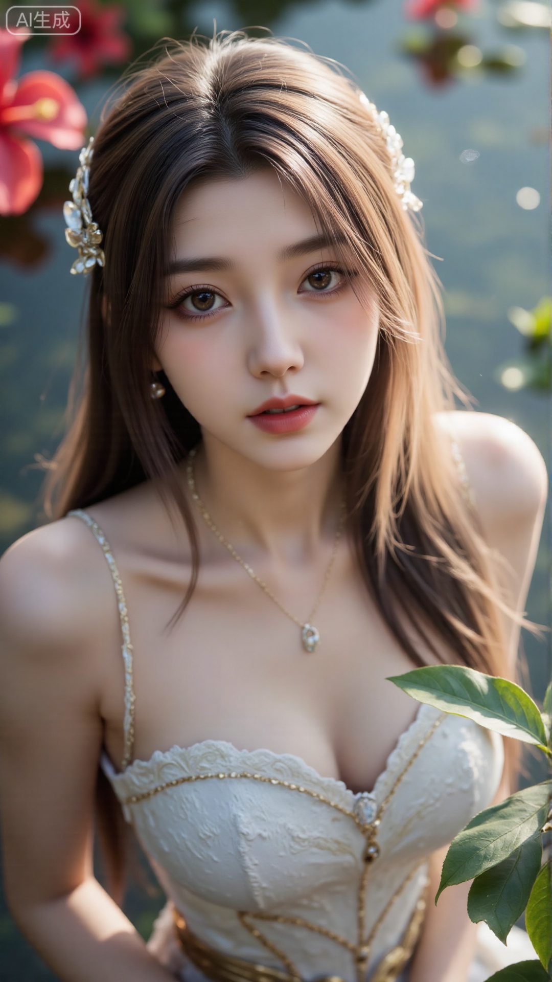 1girl, solo, long hair, breasts, looking at viewer, blush, open mouth, bangs, brown hair, hair ornament, dress, bare shoulders, brown eyes, medium breasts, collarbone, flower, parted lips, hair flower, water, white dress, sleeveless dress, leaf, plant, red flower, partially submerged, hibiscus
,backlighting,depth of field,cinematic lighting,light particles,lens flare, (artist:quasarcake:0.8),extreme aesthetic,(wlop:0.6),masterpiece,best quality,good quality,newest,very aesthetic,absurdres,Visual impact,A shot with tension, ultra-high resolution,32K UHD,sharp focus,best-quality,masterpiece,Emotionalization,unconventional supreme masterpiece,masterful details,temperate atmosphere,with a high-end texture,in the style of fashion photography, (alzi xiaomI:1.2),(mogumo:1.1),(good hands, nice hands:0.5),giving the poster a dynamic and visually striking appearance,impactful picture,offcial art,colorful,movie perspective, masterpiece,best quality,amazing quality,very aesthetic,absurdres,best quality,newest