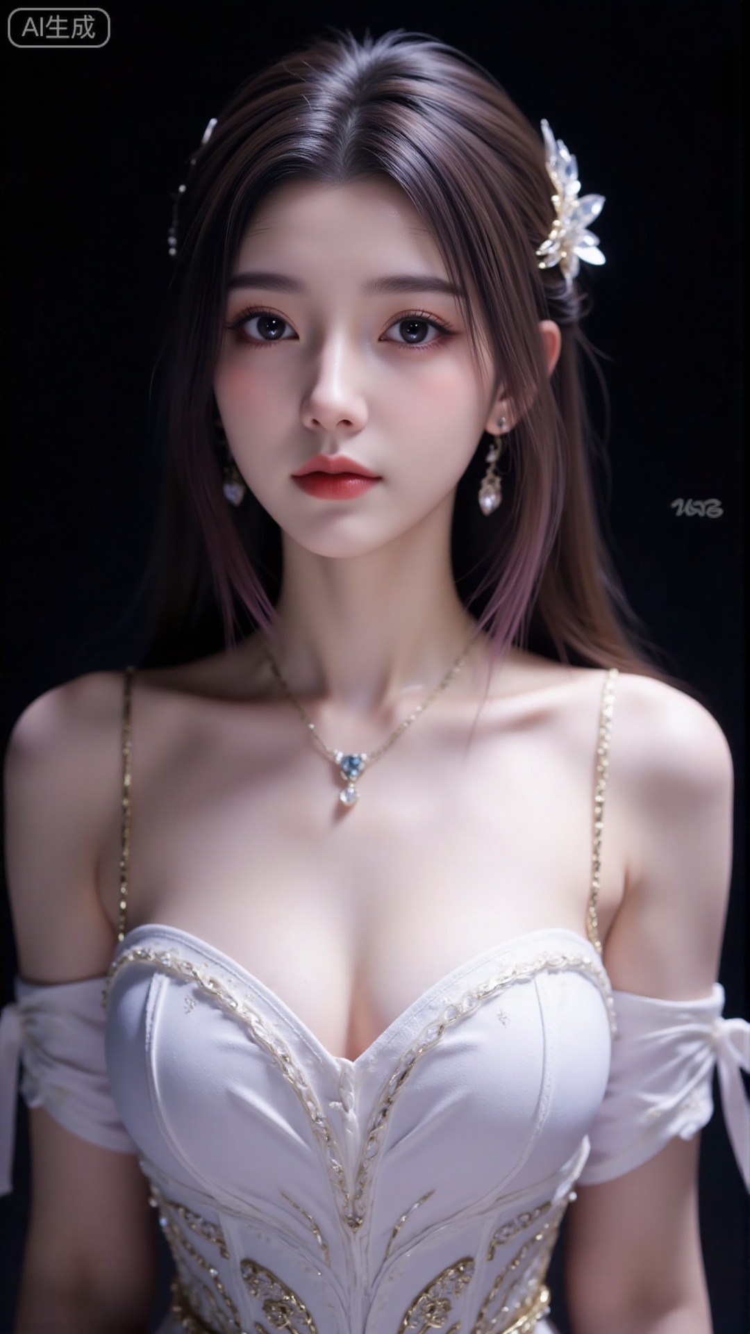 1girl, solo, long hair, red lips,looking at viewer, upper body, glowing hair,hair ornament,white sling shirt,bare shoulders,in water,hair bun,ribbon,earrings,black background,light,dark background