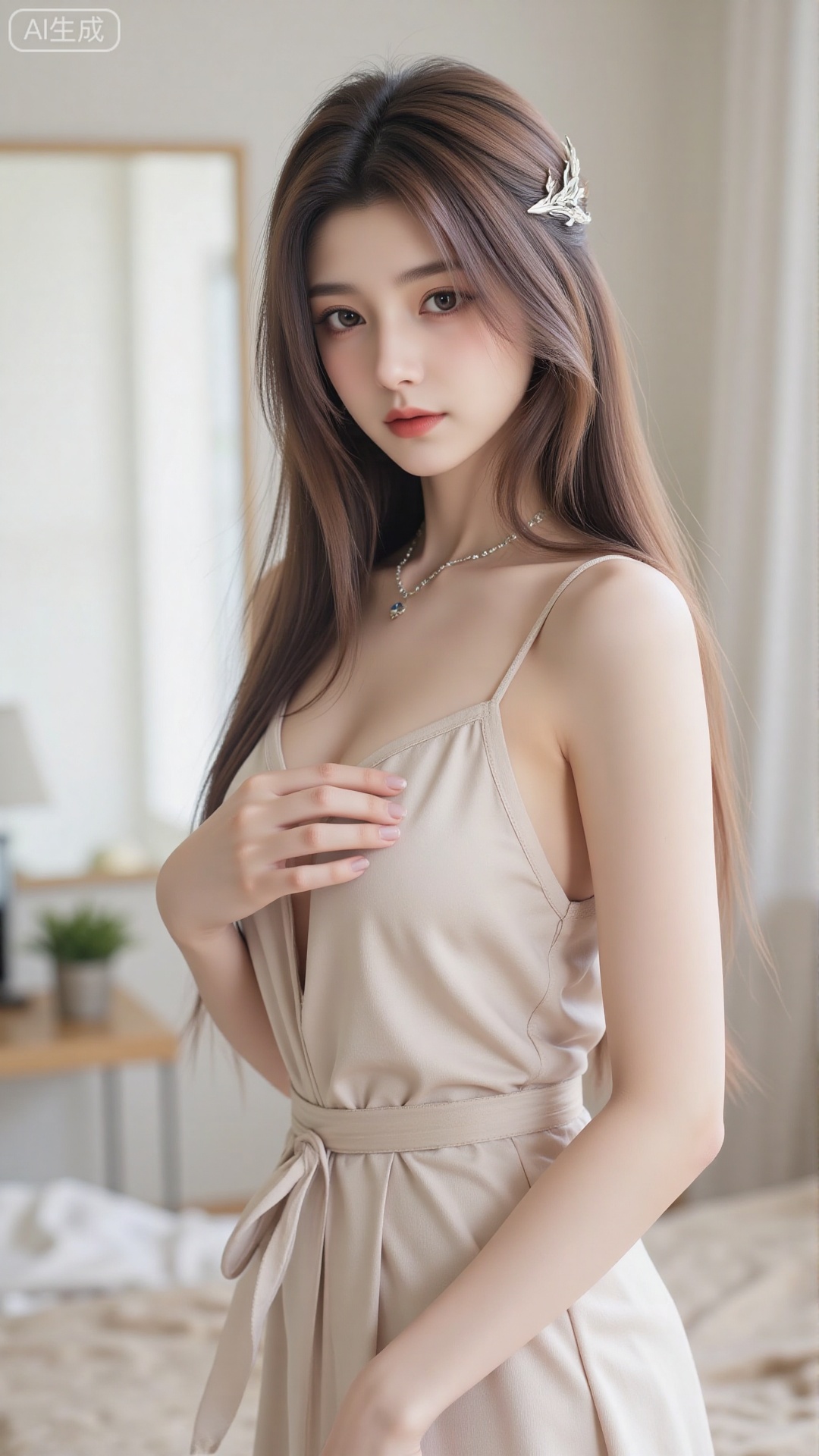 An elegant indoor advertising photograph showcasing a model with long, flowing hair and a graceful posture, wearing a simple yet elegant slip dress. Her pose is effortlessly chic and sophisticated, conveying timeless elegance. The setting is a minimalist bedroom with soft, diffused lighting and neutral colors. The overall mood is refined and timeless, emphasizing the classic beauty and versatility of the dress. High resolution, 8k, soft lighting, hyperrealistic, photorealistic, detailed textures, shallow depth of field, glamour photography, editorial photography, advertisement photography, trending on artstation.