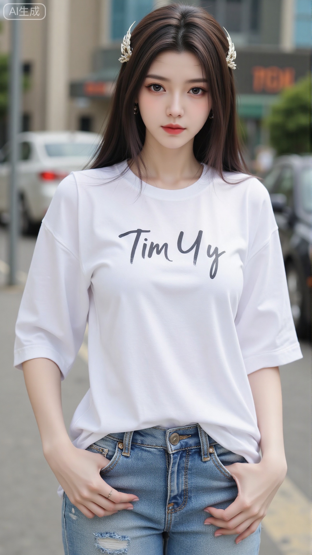 White t-shirt with ”Tim_Yi“ written on it, jeans shorts,1girl