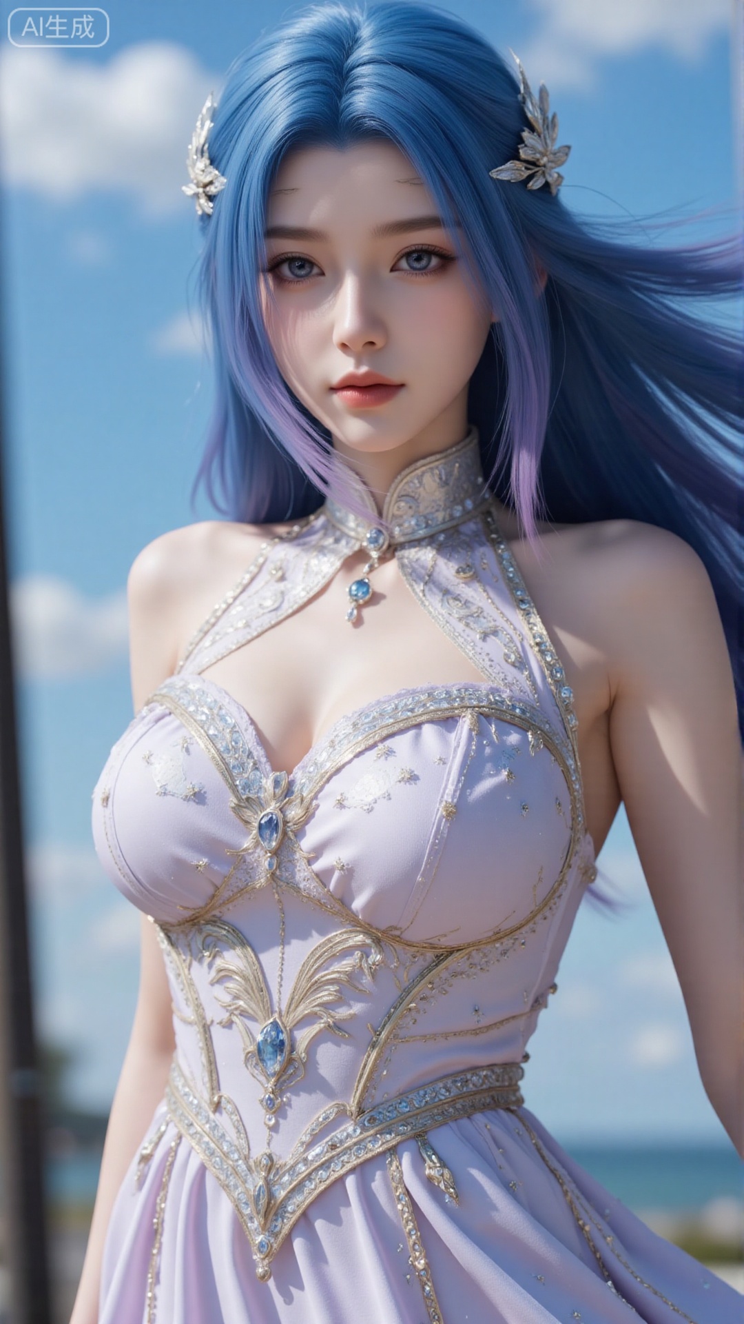 Very detailed face, extremely detailed eyes and face, blue eyes, (vacuum), 8K wallpaper, light leak, beautiful and detailed girl, extremely detailed CGUnity8K wallpaper, an extremely detailed and beautiful, beautiful and detailed eyes, masterpiece, best quality, Real photo level, (frontal shooting panoramic perspective), ( (Full body photo)), dynamic angle, dynamic pose, solo, ancient style silver hairpin with petals, blue sky and white clouds, (C cup), (huge round breasts), slender legs, super good figure, stunning beauty, (whole body in the mirror) , (wearing Lolita nightgown), (light reflects the shadow of the body through the clothes),vacuum,bare and smooth