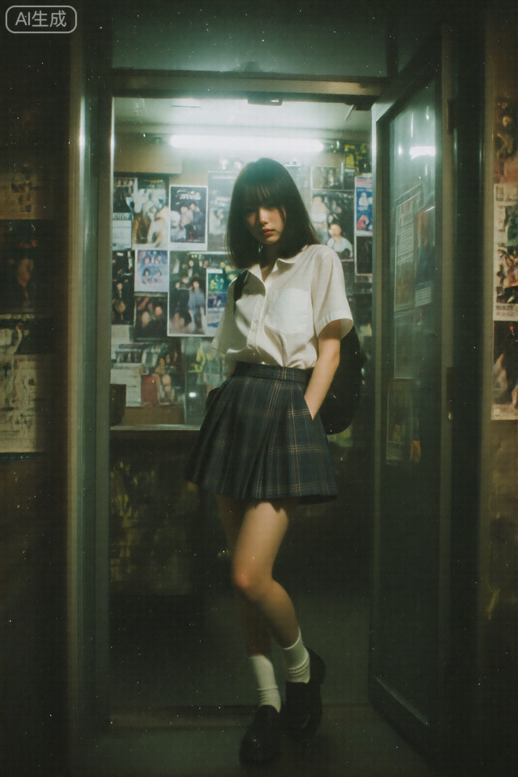 这张图片以一位年轻女子为主体,她穿着白色短袖衬衫和深色格子百褶短裙,搭配白色袜子和黑色鞋子,呈现出典型的校园或日常休闲风格。女子站在一处室内空间,背景是一扇玻璃门,透过门可以看到贴满各种海报或宣传画的内部,这些海报色彩丰富却略显杂乱,增添了视觉层次感。女子姿态自然,一只手插在裙兜,表现出一种随性的放松感。整体画面色调偏暗,带有明显的胶片颗粒感,这种复古处理手法强化了怀旧氛围,仿佛捕捉了某个私密时刻的记忆。光线从背景隐约透出,营造出朦胧而温馨的效果,暗示这可能是一个过渡空间,如商店入口或走廊,强调了孤独与内省的情感。
