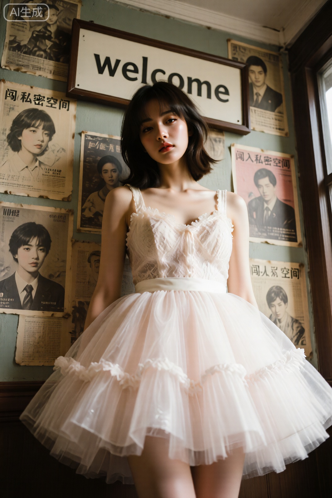 视觉语言：仰拍角度强化蓬蓬裙的膨胀感,旧海报墙作为年代锚点。技术参数：使用适马35mm f/1.4镜头近距离拍摄,曝光补偿+0.3EV提亮蕾丝细节。艺术表达："welcome"标牌与人物回避眼神形成互文,打造"闯入私密空间"的窥视感。



