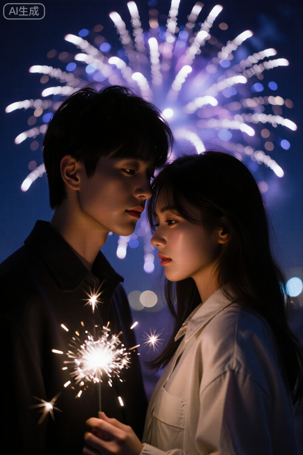 视觉语言：烟花放射状线条与人物依偎轮廓形成几何对比。技术参数：尼康Z9配70-200mm镜头,f/11小光圈捕捉烟花细节,1/125s冻结飞散火花。艺术表达：蓝紫色烟花冷光与人物暖肤色调冲突,隐喻"热闹中的疏离"情感。

