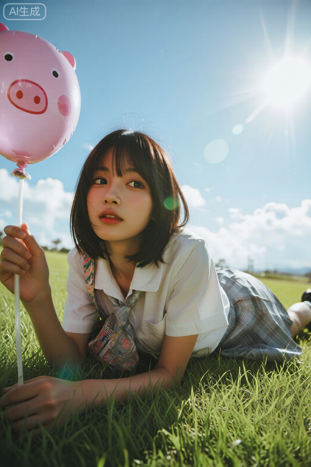 图片主体是同一位年轻女子,她身穿白色短袖衬衫和格纹百褶裙,趴卧在翠绿的草地上,肩头斜挎着一个图案复杂的布包,右手举着一个粉色的小猪佩奇气球,增添了几分童趣和活力。背景是晴朗的蓝天与白云,阳光从右后方照射,产生明亮的光斑和镜头光晕,增强了夏日的明媚感。低角度仰拍构图使人物显得亲近而俏皮,强调了户外活动的自由与快乐。色彩上,粉色气球与青草、蓝天形成鲜明对比,营造出轻松愉快的氛围,整体画面传递出夏日郊游的欢快情绪,女子略微抬头的姿态暗示了对自然的好奇与享受。