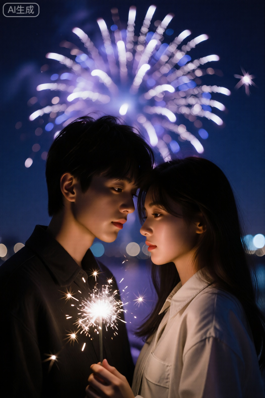 视觉语言：烟花放射状线条与人物依偎轮廓形成几何对比。技术参数：尼康Z9配70-200mm镜头,f/11小光圈捕捉烟花细节,1/125s冻结飞散火花。艺术表达：蓝紫色烟花冷光与人物暖肤色调冲突,隐喻"热闹中的疏离"情感。

