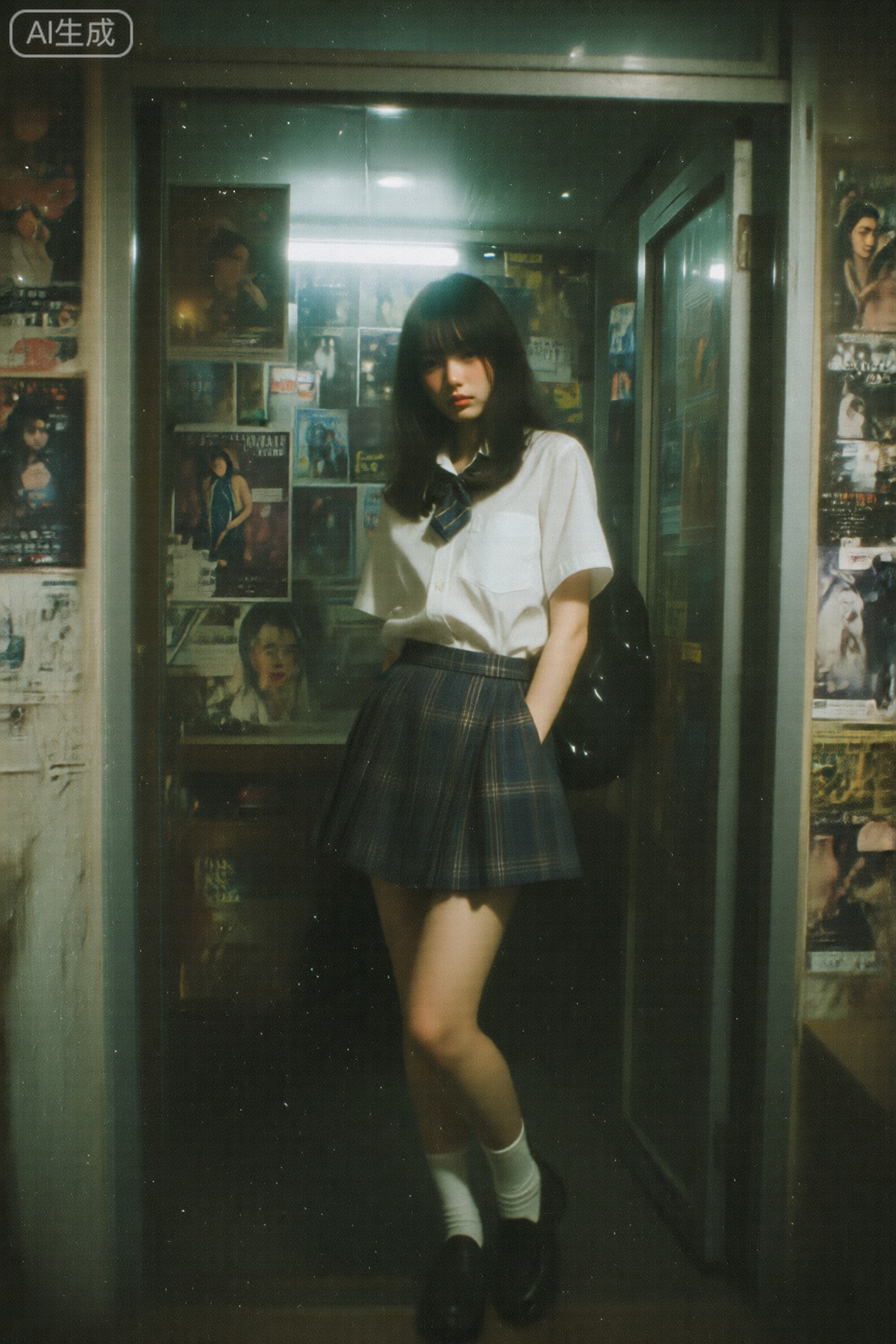 这张图片以一位年轻女子为主体,她穿着白色短袖衬衫和深色格子百褶短裙,搭配白色袜子和黑色鞋子,呈现出典型的校园或日常休闲风格。女子站在一处室内空间,背景是一扇玻璃门,透过门可以看到贴满各种海报或宣传画的内部,这些海报色彩丰富却略显杂乱,增添了视觉层次感。女子姿态自然,一只手插在裙兜,表现出一种随性的放松感。整体画面色调偏暗,带有明显的胶片颗粒感,这种复古处理手法强化了怀旧氛围,仿佛捕捉了某个私密时刻的记忆。光线从背景隐约透出,营造出朦胧而温馨的效果,暗示这可能是一个过渡空间,如商店入口或走廊,强调了孤独与内省的情感。
