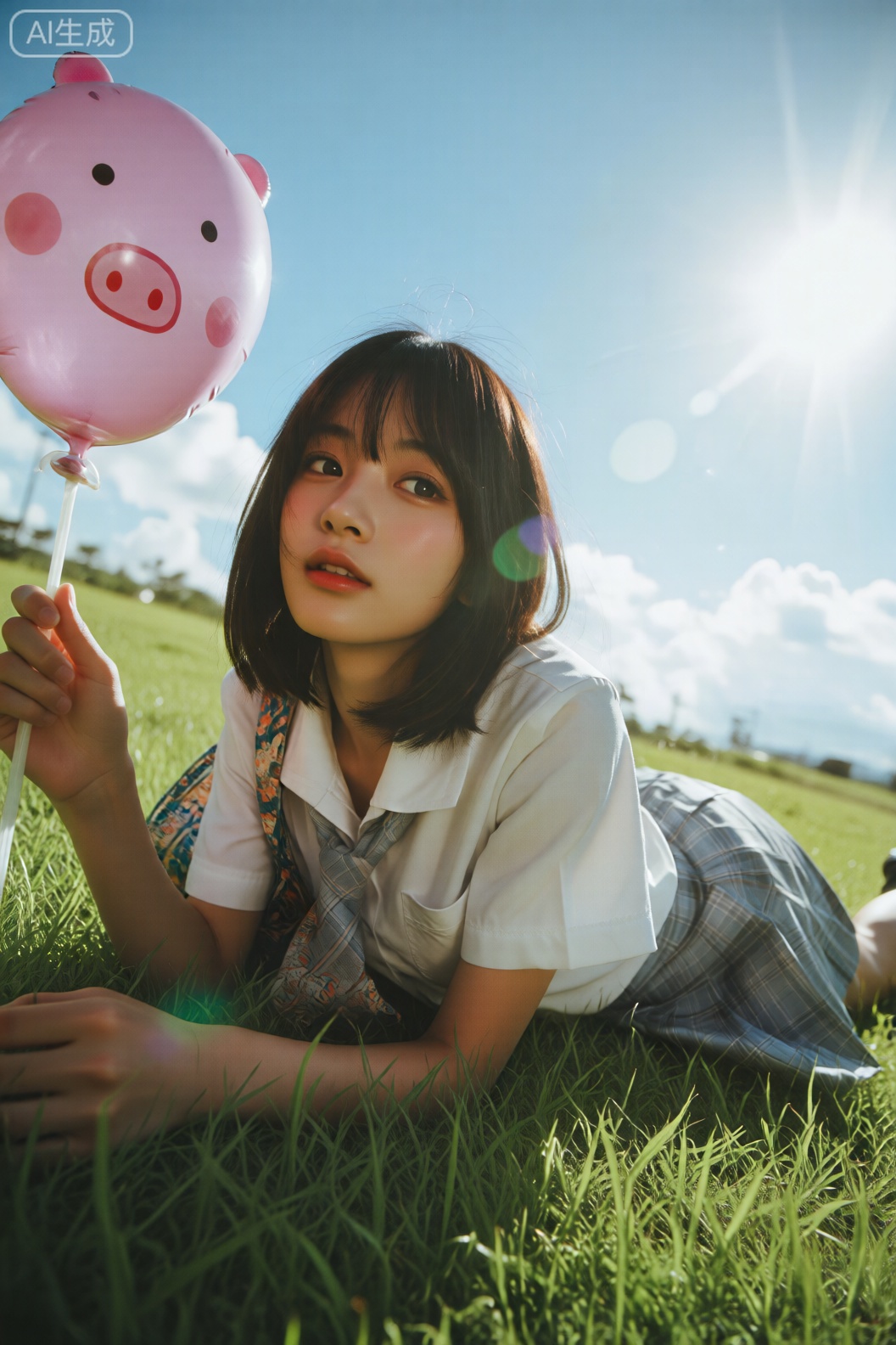 图片主体是同一位年轻女子,她身穿白色短袖衬衫和格纹百褶裙,趴卧在翠绿的草地上,肩头斜挎着一个图案复杂的布包,右手举着一个粉色的小猪佩奇气球,增添了几分童趣和活力。背景是晴朗的蓝天与白云,阳光从右后方照射,产生明亮的光斑和镜头光晕,增强了夏日的明媚感。低角度仰拍构图使人物显得亲近而俏皮,强调了户外活动的自由与快乐。色彩上,粉色气球与青草、蓝天形成鲜明对比,营造出轻松愉快的氛围,整体画面传递出夏日郊游的欢快情绪,女子略微抬头的姿态暗示了对自然的好奇与享受。