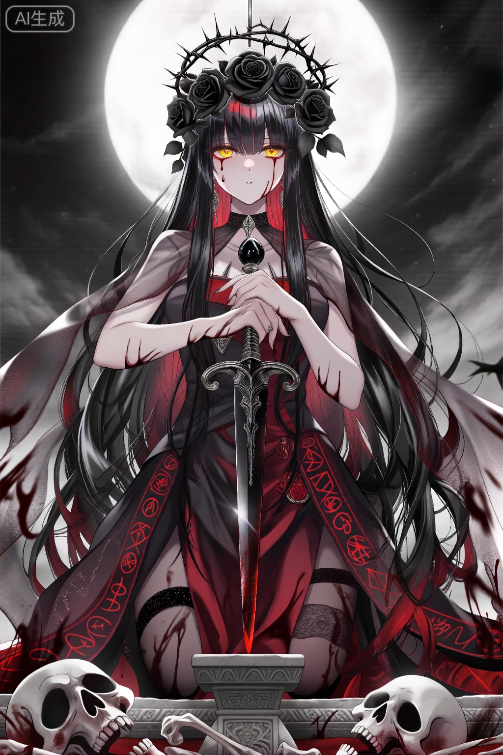 血月女祭司线条艺术,漫画风格,杰作,最佳品质,极具审美,单人少女,极致精致美丽,噪点与颗粒感,超大文件体积,惊人画质,血月光晕透视,浅景深聚焦眼部,献祭站立姿势,暗红符文祭司法袍,猩红与炭黑主调,黑白月夜主题,电影化仰角视角,单人少女,莉莉丝·血月|黑长直发|熔岩黄瞳,直视观众,发丝如瀑垂落,竖瞳燃烧,上半身构图,单手持黑曜石匕首,仪式姿态,景深虚化古祭坛,发丝沾血凌乱,面无表情,荆棘血冠缠绕黑玫瑰,成熟妖异,双眼流下鲜血泪痕,半透明血纱斗篷,石像鬼残骸脚下。