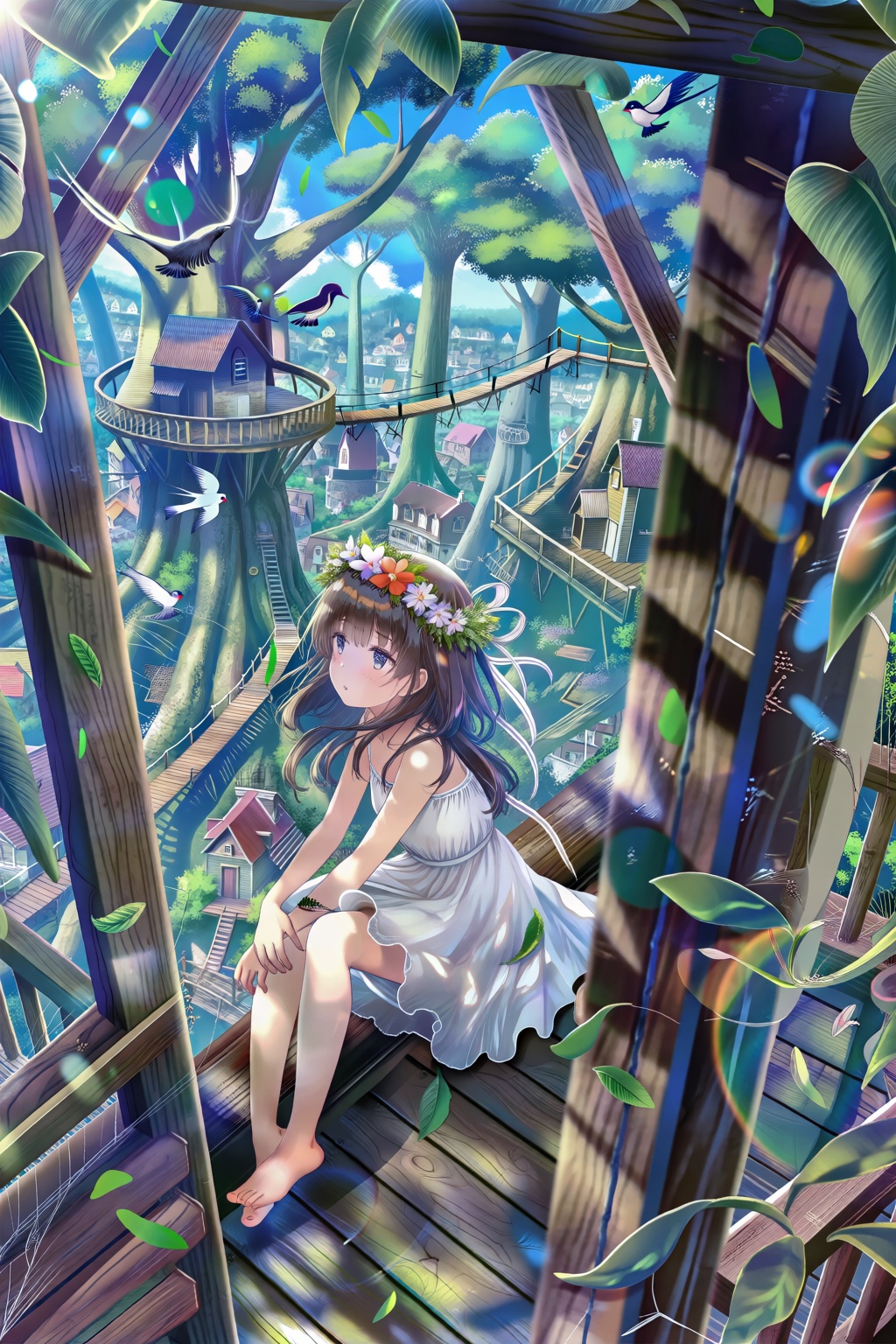 high vantage point,framed by giant leaves and wooden beams, looking down from a high treehouse platform, 1girl, solo, wearing white sundress, barefoot, flower crown, sitting on the wooden deck edge,

view of a village built on giant trees, wooden bridges connecting trees, birds flying, blue sky peeking through canopy, bright sunlight, lens flare, fresh atmosphere, rich colors, saturated greens and blues, clear lineart.
