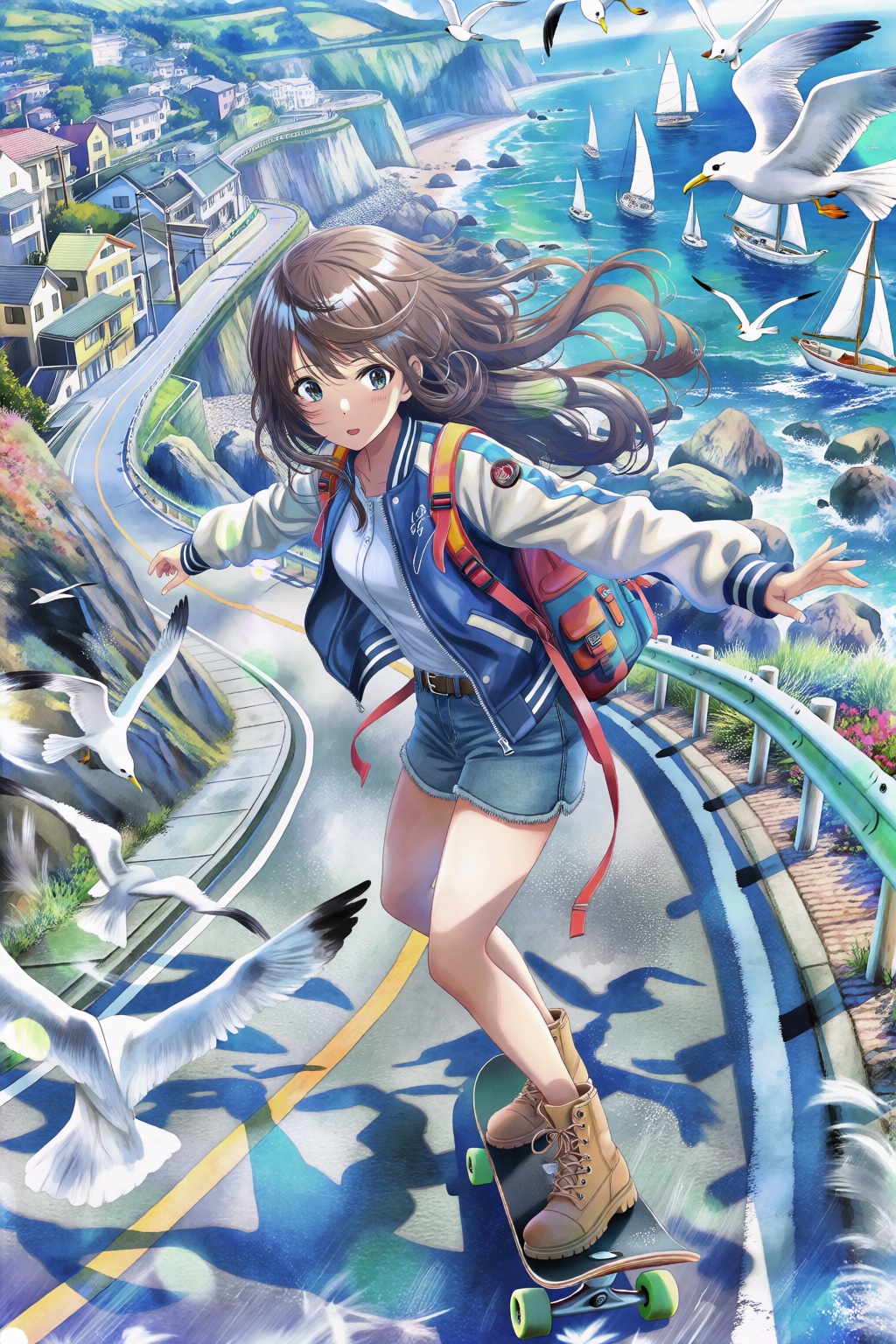 Thick-coated watercolor painting, extremism, ultimate expressiveness, romance, perfect details, a masterpiece of a master. The fresh and soft watercolor painting, with a powerful upward perspective, is grand and layered. It combines Monet's oil painting style with the style of anime watercolor painting. The brushstrokes are clear and the light is soft. The colors are bright and saturated (mainly blue, black and white). The texture of Makoto Shinkai's animation illustrations is soft, the lines are gentle, the light and shadow are delicate, the figures on the ground are clear, and it is dreamy and ethereal. It is brimming with the healing charm of summer youth. A girl with long brown hair (with silver highlights), wearing an orange baseball jacket, denim shorts and light brown boots, and slung a colorful functional backpack diagonally, was sliding down a skateboard along the seaside asphalt road at the edge of the cliff in the middle of the road, along the winding and undulating high slope. In the dynamic moment, her body's center of gravity dropped, her arms naturally spread out to maintain balance, her hair and skirt swayed in the wind, and her posture was cool and relaxed. The upward impact Angle highlights the dynamic nature of the character, and the posture has extremely strong explosive power. The upward impact Angle highlights the dynamic nature of the characters and fully showcases the grand background behind: the blue surging sea crashing against the cliffs and rocks, flying seagulls, white sailboats sailing far on the sea surface, green slopes on the high, winding and undulating slopes, the road extending downward, and the orderly arranged houses in the coastal town. The overall atmosphere is fresh and soothing, brimming with the youthful vigor of summer. Animation illustrations by Makoto Shinkai of the Japanese style. The colors are bright and saturated, with blue and green as the main tones. The lines are very soft, high-end watercolor hand-drawn art illus