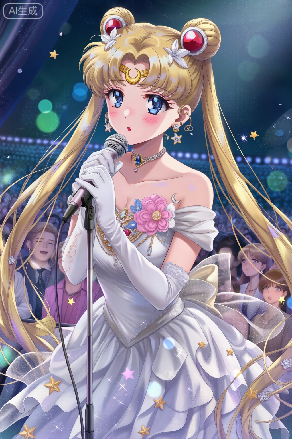 1女孩,独唱,长发,看着观众,脸红,刘海,蓝眼睛,金发,手套,裙子,裸肩,双尾,珠宝,超长头发,闭口,锁骨,花,耳环,白手套,露肩,发髻,星星\（符号\）,白色连衣裙,字名,分开的刘海,双髻,面部标记,新月形,后臂,前额标记,露肩连衣裙,新月形面部标记,新艺术风格,tsukino usagi,