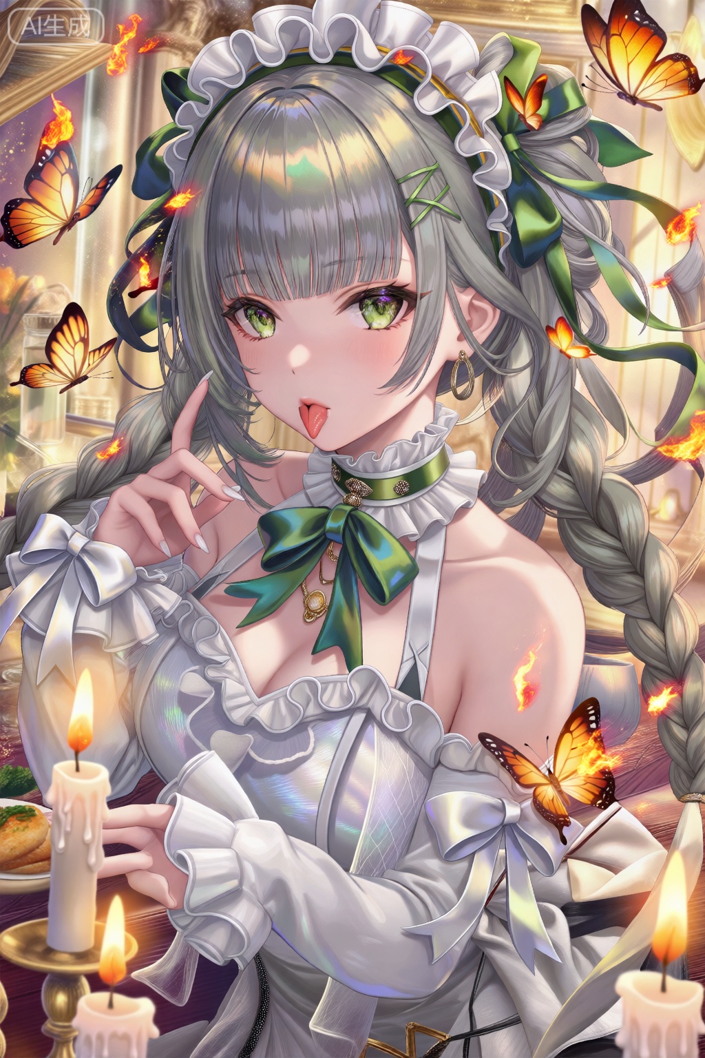 1girl,solo,long hair,looking at viewer,bangs,ribbon,collarbone,hair ribbon,upper body,braid,hairband,frills,parted lips,food,green hair,choker,blunt bangs,twin braids,sleeves past wrists,grey eyes,bug,fire,butterfly,pale skin,white ribbon,sleeves past fingers,candle,white choker,white theme,yoneyama mai,hysp,zxww,dynamic_outline,Close-up details,solo,outstanding style,adding a touch of dimension to your images without compromising details,iridescent textures,delicate details,magical atmosphere,concept art,highly detailed,ultra-high resolution,32K UHD,sharp focus,best-quality,masterpiece,golden hour,unconventional supreme masterpiece,masterful details,with a high-end texture,in the style of fashion photography,magazine cover,Dynamic Angle,Dynamic posture,magazine cover,Dynamic Angle,Dynamic posture,(artist:quasarcake:0.8),extreme aesthetic,masterpiece,best quality,good quality,newest,year 2024,year 2023,very aesthetic,absurdres,Visual impact,ultra-high resolution,32K UHD,sharp focus,best-quality,masterpiece,Emotionalization,unconventional supreme masterpiece,masterful details,with a high-end texture,in the style of fashion photography,(Visual impact:1.2),giving the poster a dynamic and visually striking appearance,impactful picture,offcial art,splash of color,movie perspective,masterpiece,best quality,amazing quality,very aesthetic,absurdres,best quality,newest,mature,incredibly absurdres,huge filesize,wallpaper,