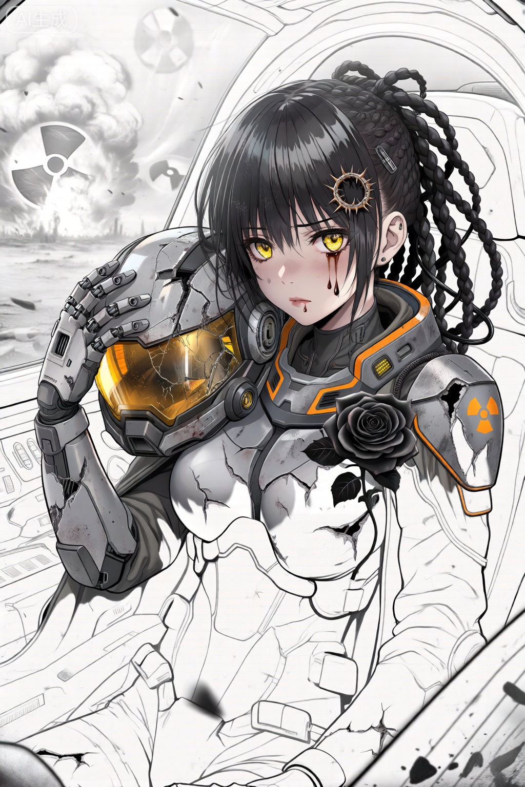 末日机甲驾驶员线条艺术,漫画风格,杰作,最佳品质,极具审美,单人少女,极致精致美丽,噪点与颗粒感,超大文件体积,惊人画质,驾驶舱HUD透视,电影级景深,疲惫倚靠姿势,破损机甲驾驶服,铁灰与警示橙配色,黑白废土主题,电影化主观视角,单人少女,凯拉·铁心|脏辫黑发|义体黄瞳,直视镜头,辫子缠绕数据线,机械竖瞳闪烁,上半身特写,单手扶破损头盔,休整姿态,背景虚化核爆云,发丝沾辐射尘,面无表情,额头嵌有接口荆棘环,黑玫瑰从装甲缝隙钻出,成熟沧桑,左眼流下机油混血泪,撕裂战术斗篷,机甲残骸驾驶舱内。