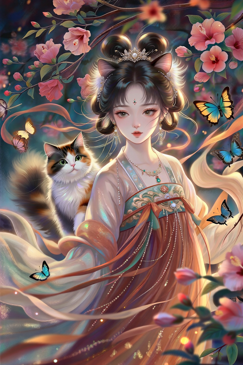 这是一幅采用古风油画插画风格的画面,在大风的吹拂下,背景是芙蓉花树场景,弥漫着神秘的氛围。画面中布满了许多芙蓉花和海棠的枝叶,随风轻轻摇曳。一只长毛三花猫小心翼翼地露出头来偷看,它的动作显得十分活泼可爱。远景, 插画,叠涂,弥散渐变,色彩饱满有层次。华丽襦裙女,蓬松对称双发髻,眼睛狭长眼尾上挑,皮肤白皙,对称珠宝首饰,温婉优雅,发丝发光,泛光,朦胧,肌理感。风。 繁复垂坠,画面光影明暗对比。少女站在猫的旁边,好奇的看着前方, 整体画面呈现出朦胧的质感,少女和猫咪周身泛着柔和的光,毛发也闪烁着光芒,细节之处合理繁复且色彩饱满,运用写意的手法,仿佛有一种浸润、流变的感觉,同时有着强烈的光影明暗对比,营造出温暖又神秘的意境,细闪粒子,人像面部聚焦,动作有张力。用到大张力构图,运动模糊,朦胧感+模糊感,超强模糊质感的摄影抓拍,周边的物体全部虚化,发光+芙蓉花+蝴蝶,光影层次感,电影质感,梦幻光影,肌理反光,折射光影,光影弥散,抽象表达,艺术氛围,情绪表达和叙事,艺术插画,超现实主义美学,高级的氛围感,层次感周围有很多蝴蝶
