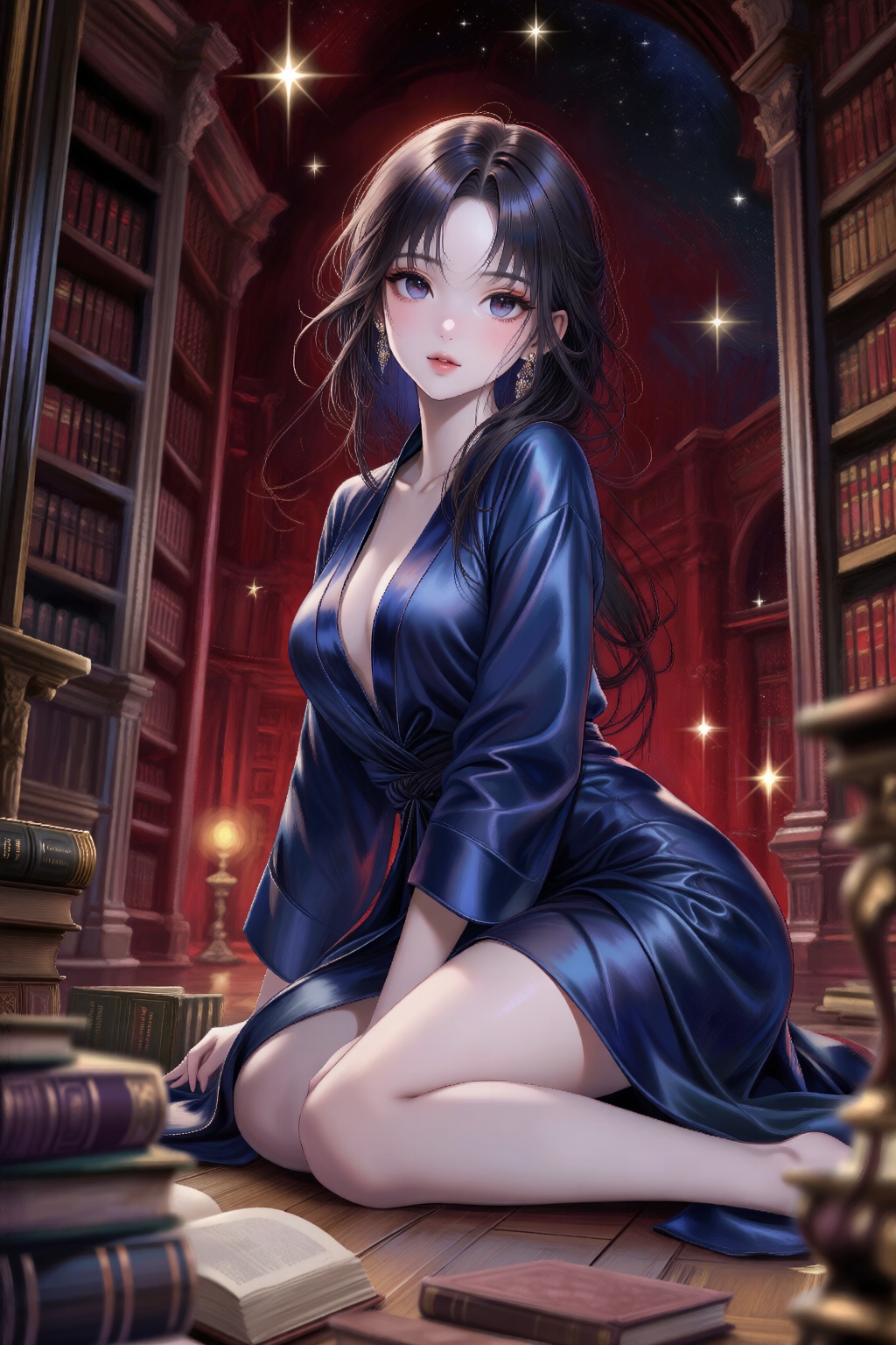二次元,卡通可爱。Detailed realistic oil painting.红色暗调,真实油画,油画丙烯画笔触,织物纹理,伦勃朗风格油画,
风骚撩人的少女,单人,精致绝美脸庞,勾魂摄魄的媚眼,白皙肌肤,细腻皮肤,精致五官,华丽妆容,
低视角拍摄一位有着东亚面孔的年轻女子,侧身坐在古典图书馆的木地板上。她穿着一件深蓝色丝绸开襟长袍,衣摆长度及大腿中部,显得知性诱惑。头发显得凌乱,几缕发丝轻柔地修饰着脸颊。前景有散落的书籍,前景模糊。
夜晚,天空闪烁着星星。闪光灯拍摄,暗调摄影.,,light,Unreal Engine 5,超现实3D渲染,电影级光影,体积光,戏剧性照明,精妙设计,极致细节,light