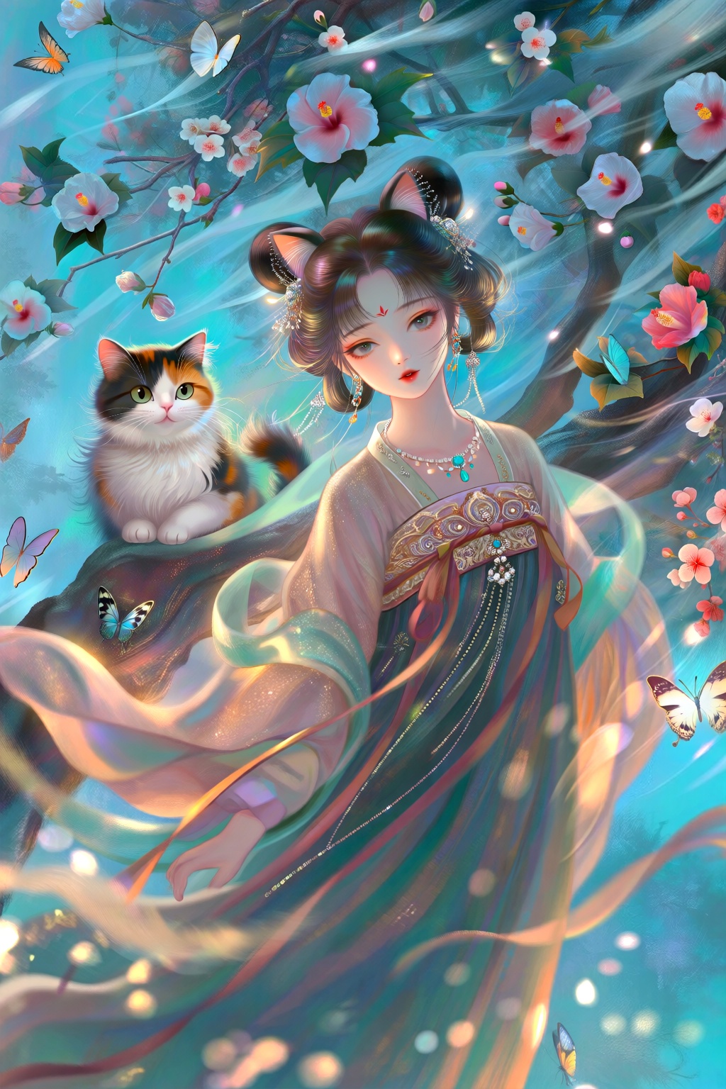 这是一幅采用古风油画插画风格的画面,在大风的吹拂下,背景是芙蓉花树场景,弥漫着神秘的氛围。画面中布满了许多芙蓉花和海棠的枝叶,随风轻轻摇曳。一只长毛三花猫小心翼翼地露出头来偷看,它的动作显得十分活泼可爱。远景, 插画,叠涂,弥散渐变,色彩饱满有层次。华丽襦裙女,蓬松对称双发髻,眼睛狭长眼尾上挑,皮肤白皙,对称珠宝首饰,温婉优雅,发丝发光,泛光,朦胧,肌理感。风。 繁复垂坠,画面光影明暗对比。少女站在猫的旁边,好奇的看着前方, 整体画面呈现出朦胧的质感,少女和猫咪周身泛着柔和的光,毛发也闪烁着光芒,细节之处合理繁复且色彩饱满,运用写意的手法,仿佛有一种浸润、流变的感觉,同时有着强烈的光影明暗对比,营造出温暖又神秘的意境,细闪粒子,人像面部聚焦,动作有张力。用到大张力构图,运动模糊,朦胧感+模糊感,超强模糊质感的摄影抓拍,周边的物体全部虚化,发光+芙蓉花+蝴蝶,光影层次感,电影质感,梦幻光影,肌理反光,折射光影,光影弥散,抽象表达,艺术氛围,情绪表达和叙事,艺术插画,超现实主义美学,高级的氛围感,层次感周围有很多蝴蝶