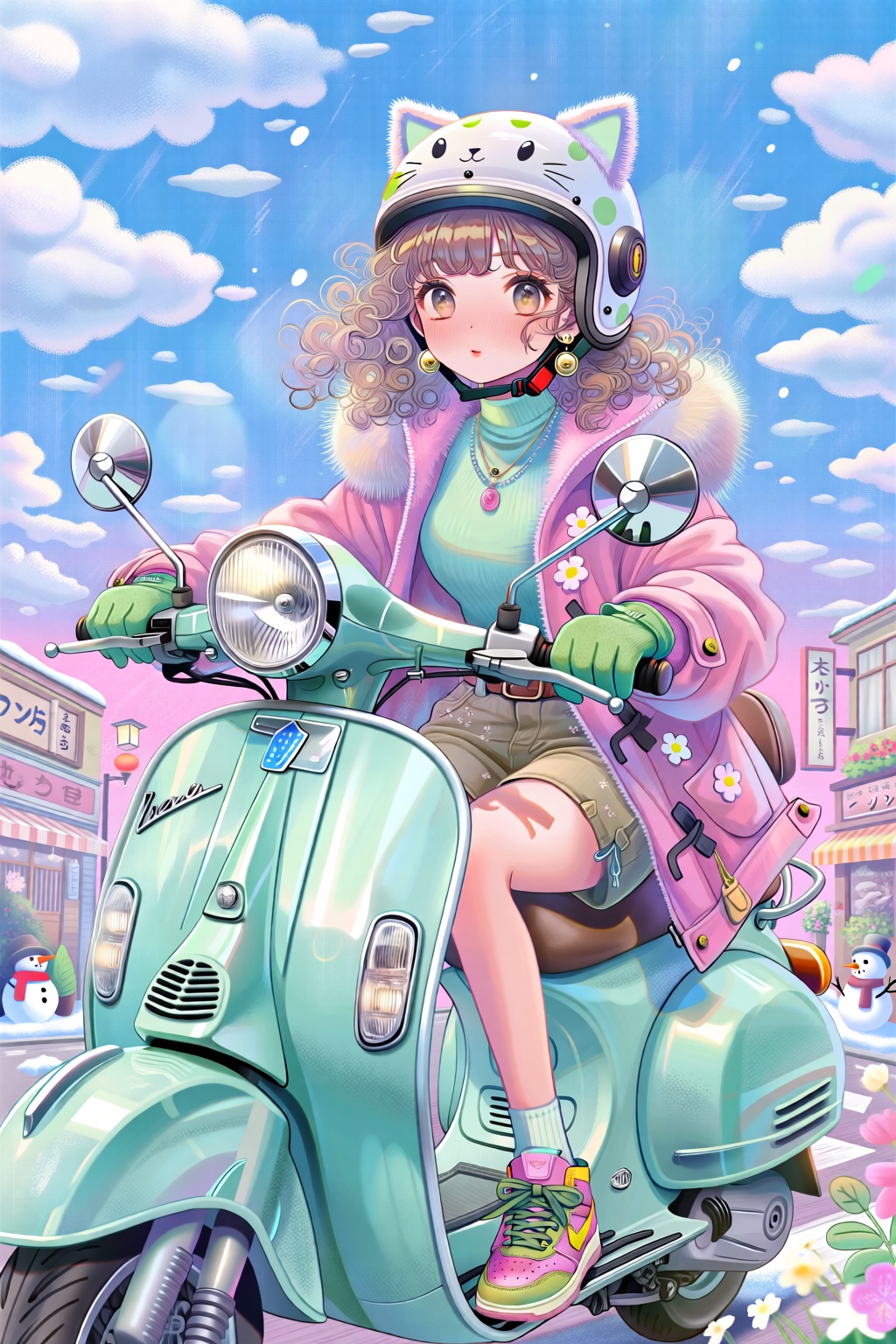 This is a soothing colored pencil illustration. The picture is dominated by high-saturation macaron tones (mainly pink, blue and mint green). A girl with curly hair is riding a mint green vintage motorcycle. She wears a white cat-ear helmet (with green dots and a fluffy texture), a pink fur-lined coat (with small flower decorations), a mint green high-neck top, and khaki shorts. She is also wearing green gloves, a necklace and round earrings. Her feet are in a pink, green and yellow sports shoes. She holds the handlebars firmly with both hands and sits relaxed and confident. The background is a Japanese retro street with Chinese signs on the buildings, decorated with small snowmen, green plants and flowers. There are clouds floating in the blue sky, creating a lively and sweet street atmosphere. The picture has bright and fresh colors, a strong matte particle texture, fine brushstrokes, soft light and shadow, and a dreamy feel.