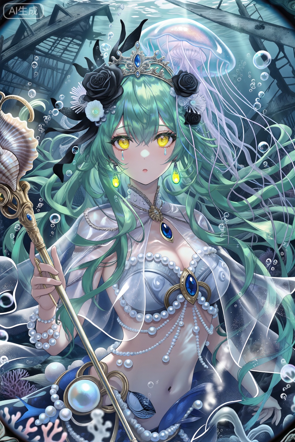 深海歌姬幽灵线条艺术,漫画风格,杰作,最佳品质,极具审美,单人少女,极致精致美丽,噪点与颗粒感,超大文件体积,惊人画质,水下扭曲透视,电影级景深,悬浮咏唱姿势,珊瑚与珍珠铠甲,幽蓝与珍珠白配色,黑白深海主题,电影化鱼眼视角,单人少女,莫伊拉·深歌|海藻绿长发|磷光黄瞳,直视镜头,长发如海草飘散,竖瞳似深海鱼,上半身特写,单手持海螺权杖,召唤姿态,背景虚化沉船残骸,发丝缠绕气泡,面无表情,头戴发光水母冠,黑玫瑰与海葵缠绕锁骨,成熟空灵,眼角渗出荧光泪珠,半透明水母纱斗篷,海底废墟光影斑驳。