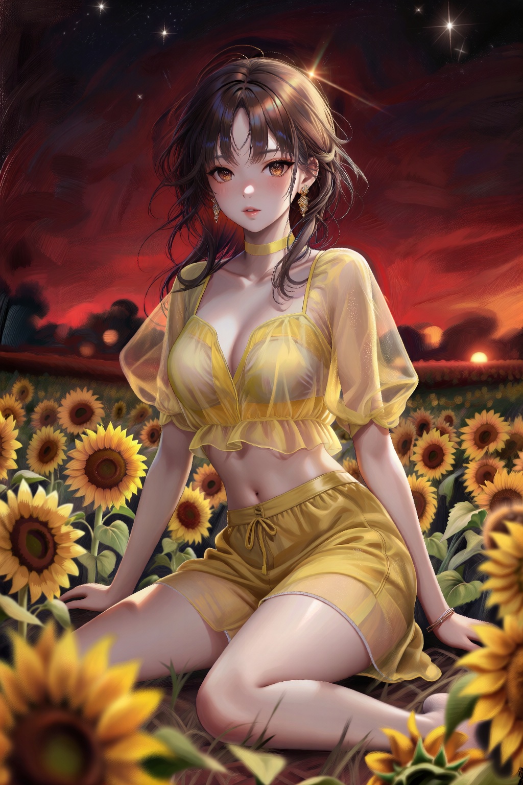 二次元,Detailed realistic oil painting.红色暗调,真实油画,油画丙烯画笔触,织物纹理,伦勃朗风格油画,
风骚撩人的少女,单人,精致绝美脸庞,勾魂摄魄的媚眼,白皙肌肤,细腻皮肤,精致五官,华丽妆容,
低视角拍摄一位有着东亚面孔的年轻女子,双手撑地坐在向日葵花田中央。她穿着一件黄色薄纱透视短上衣配短裤,衣摆长度及腰部,显得阳光性感。头发显得凌乱,几缕发丝轻柔地修饰着脸颊。前景有向日葵花瓣,前景模糊。
夜晚,天空闪烁着星星。闪光灯拍摄,暗调摄影.,,light,Unreal Engine 5,超现实3D渲染,电影级光影,体积光,戏剧性照明,精妙设计,极致细节,light