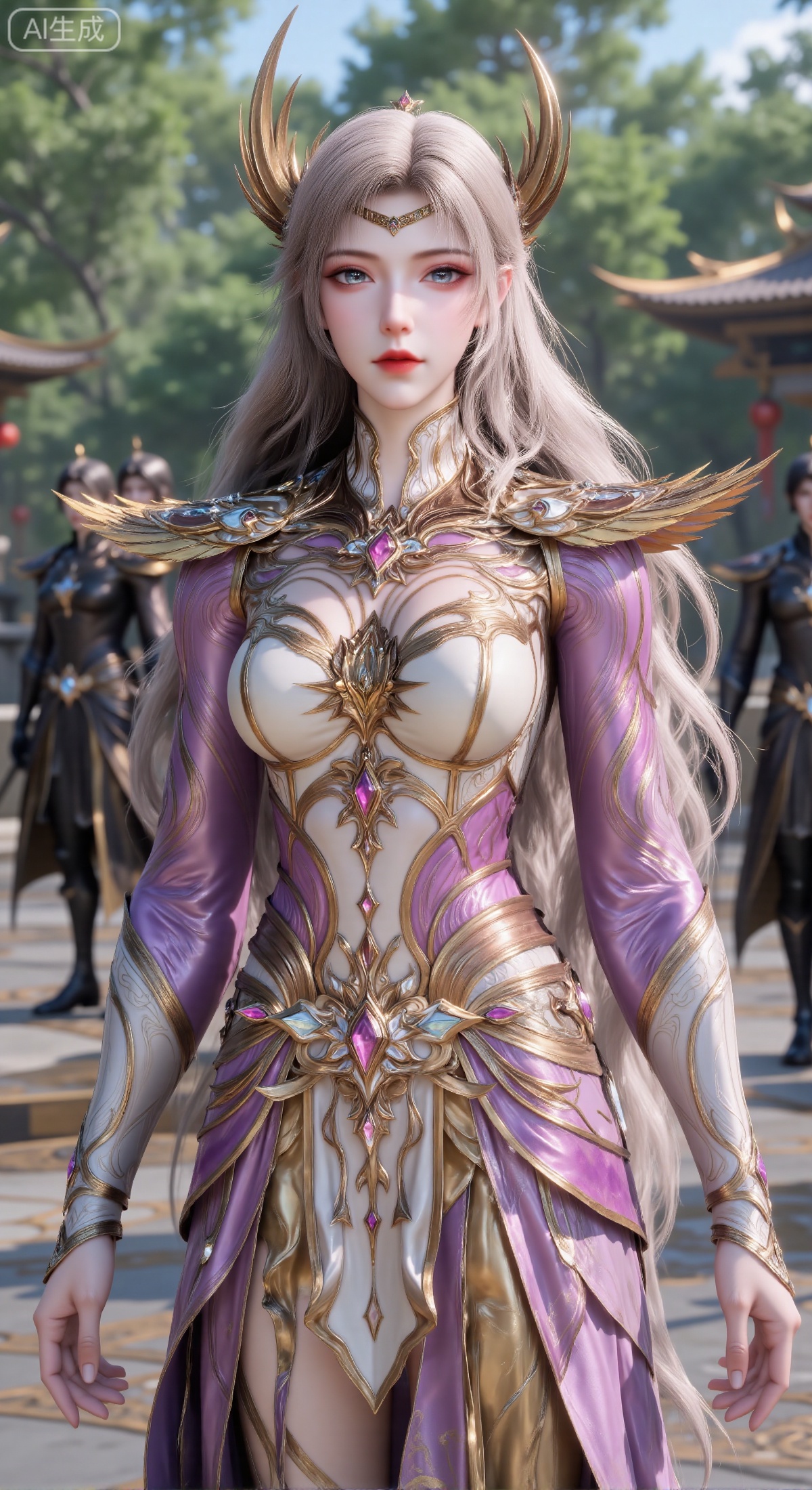 (masterpiece, best quality, ultra-detailed, 8K), full-body portrait, 1girl, a powerful fantasy heroine with long, flowing light gray hair, wearing an ornate golden horned headdress. A delicate pattern adorns her forehead. Her eyes are bright and determined, gazing directly at the viewer. She is clad in luxurious, intricate robes primarily in pink and white, accented with elaborate gold patterns and purple details. She wears golden bracers on her forearms, each embedded with a purple gemstone. The setting is outdoors. In the background, slightly blurred, are the silhouettes of figures in black attire (resembling soldiers), along with green trees and the outlines of traditional-style buildings. The composition centers on the character, who stands out vividly against the background. The overall color palette is bright and clear, creating a fantastical, solemn, and majestic atmosphere. Dramatic outdoor lighting, sharp focus on the character, medium shot.,ygy