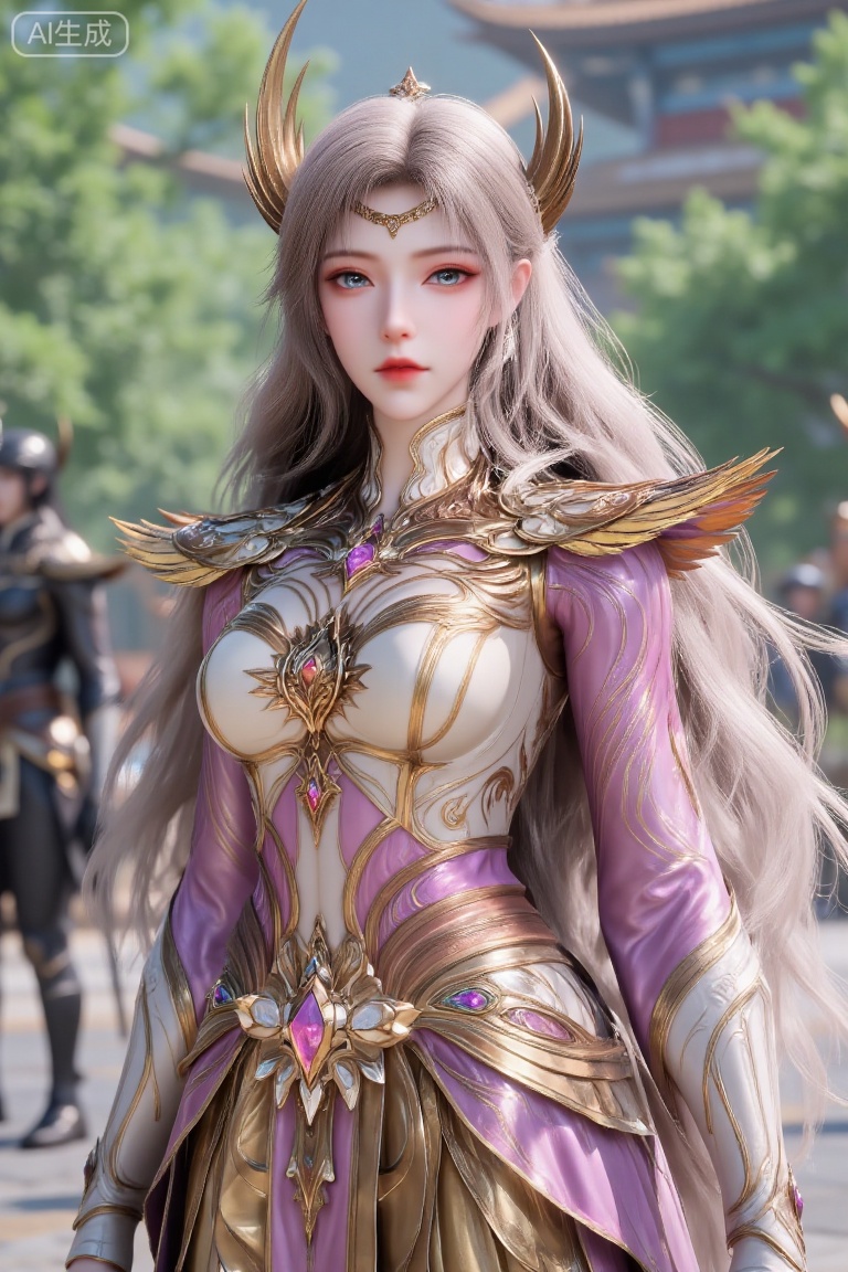 (masterpiece, best quality, ultra-detailed, 8K), full-body portrait, 1girl, a powerful fantasy heroine with long, flowing light gray hair, wearing an ornate golden horned headdress. A delicate pattern adorns her forehead. Her eyes are bright and determined, gazing directly at the viewer. She is clad in luxurious, intricate robes primarily in pink and white, accented with elaborate gold patterns and purple details. She wears golden bracers on her forearms, each embedded with a purple gemstone. The setting is outdoors. In the background, slightly blurred, are the silhouettes of figures in black attire (resembling soldiers), along with green trees and the outlines of traditional-style buildings. The composition centers on the character, who stands out vividly against the background. The overall color palette is bright and clear, creating a fantastical, solemn, and majestic atmosphere. Dramatic outdoor lighting, sharp focus on the character, medium shot.,ygy