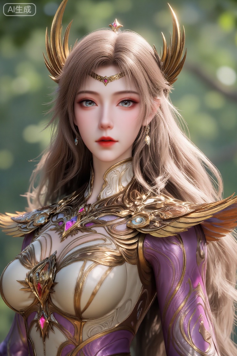 (masterpiece, best quality, ultra-detailed, 8K), a full-body portrait of a powerful and elegant female warrior or mythical goddess. She has long, flowing, lustrous golden hair. She is clad in magnificent golden armor, intricately designed and adorned with large, graceful feather pauldrons on the shoulders. A regal golden crown or headdress rests upon her head, enhancing her authoritative presence. Her expression is confident and serene. The background is a softly blurred, lush green natural environment, suggesting a deep forest or enchanted woodland. The overall color palette is rich and luxurious, dominated by shades of gold and purple, creating a majestic, epic, and fantastical atmosphere. Dramatic lighting, sharp focus, concept art style.
