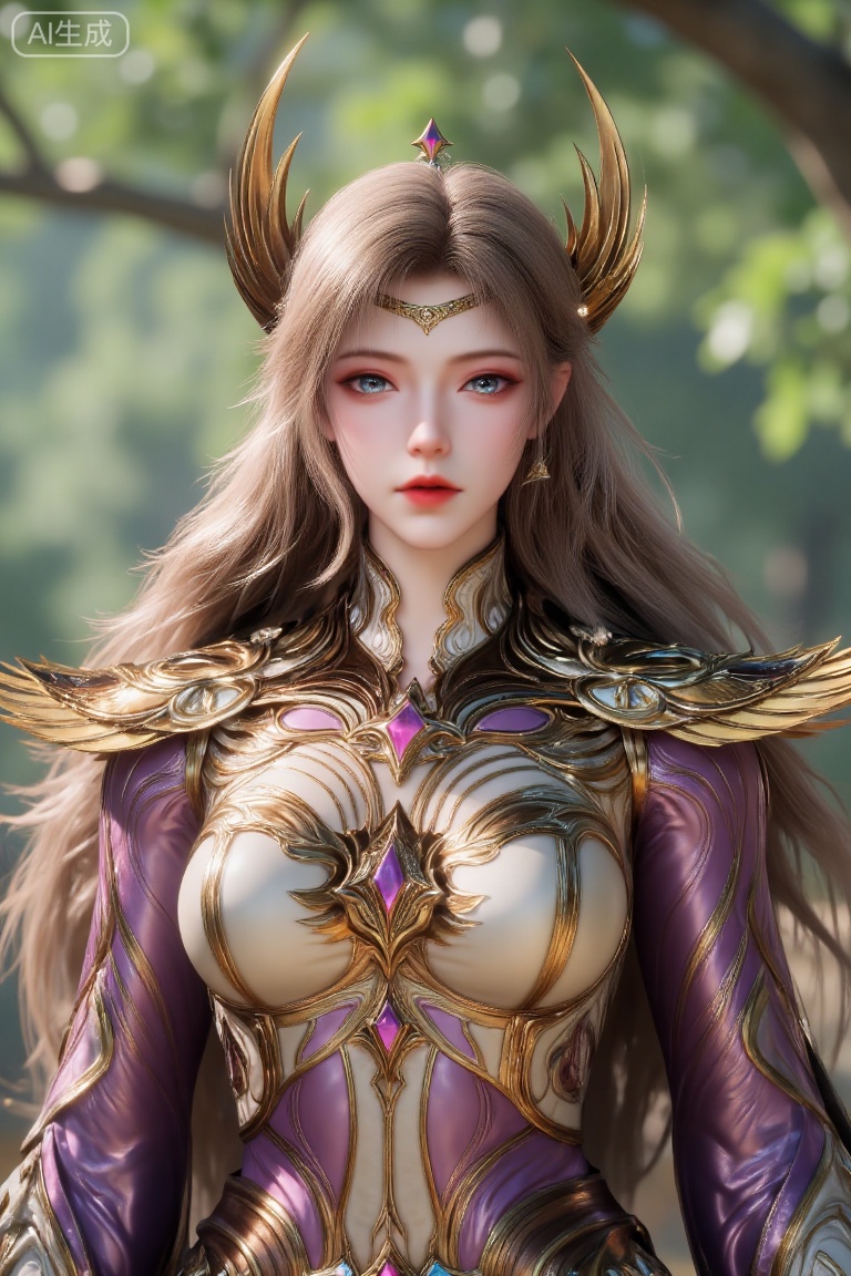 (masterpiece, best quality, ultra-detailed, 8K), a full-body portrait of a powerful and elegant female warrior or mythical goddess. She has long, flowing, lustrous golden hair. She is clad in magnificent golden armor, intricately designed and adorned with large, graceful feather pauldrons on the shoulders. A regal golden crown or headdress rests upon her head, enhancing her authoritative presence. Her expression is confident and serene. The background is a softly blurred, lush green natural environment, suggesting a deep forest or enchanted woodland. The overall color palette is rich and luxurious, dominated by shades of gold and purple, creating a majestic, epic, and fantastical atmosphere. Dramatic lighting, sharp focus, concept art style.
