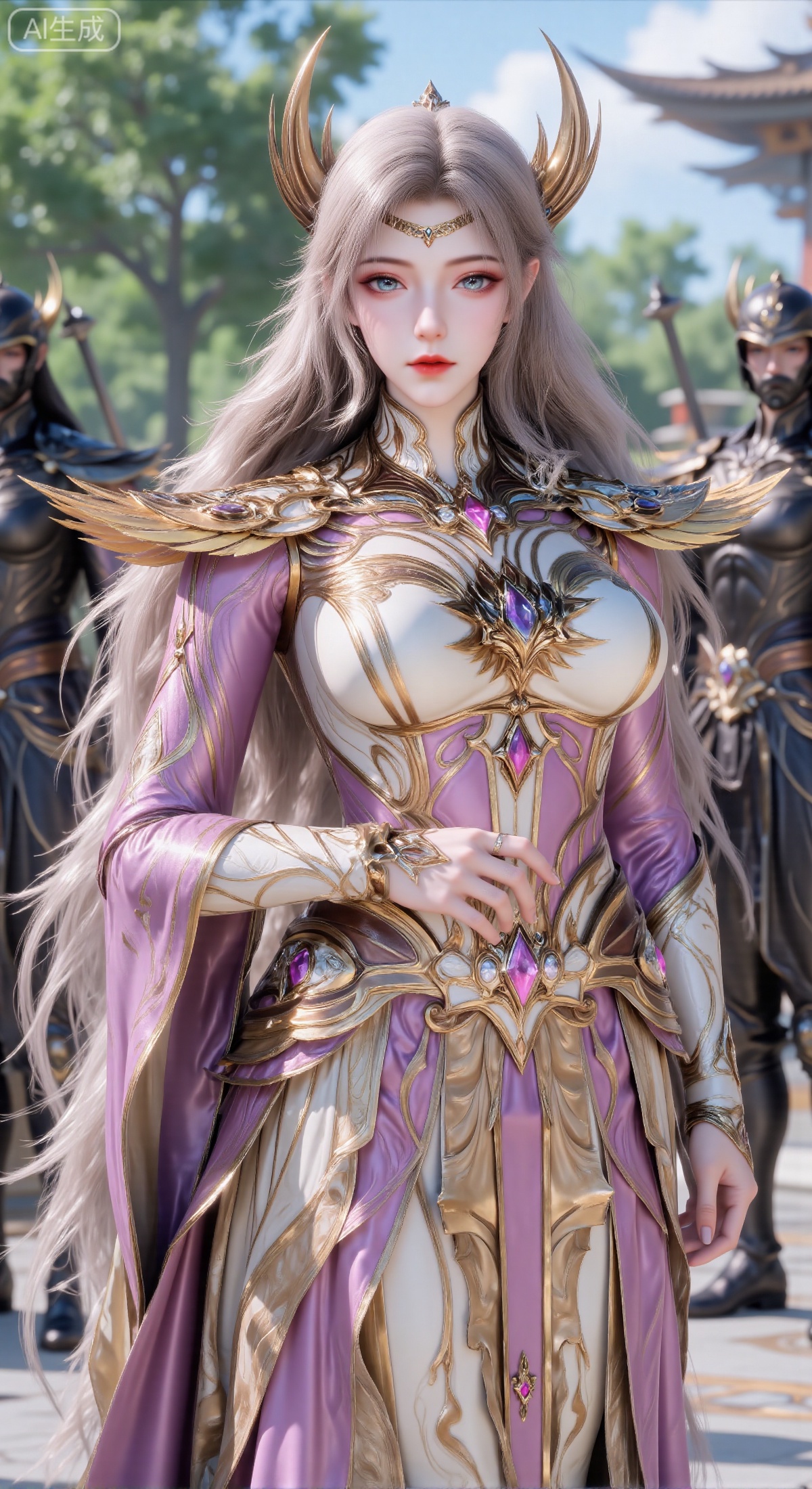 (masterpiece, best quality, ultra-detailed, 8K), full-body portrait, 1girl, a powerful fantasy heroine with long, flowing light gray hair, wearing an ornate golden horned headdress. A delicate pattern adorns her forehead. Her eyes are bright and determined, gazing directly at the viewer. She is clad in luxurious, intricate robes primarily in pink and white, accented with elaborate gold patterns and purple details. She wears golden bracers on her forearms, each embedded with a purple gemstone. The setting is outdoors. In the background, slightly blurred, are the silhouettes of figures in black attire (resembling soldiers), along with green trees and the outlines of traditional-style buildings. The composition centers on the character, who stands out vividly against the background. The overall color palette is bright and clear, creating a fantastical, solemn, and majestic atmosphere. Dramatic outdoor lighting, sharp focus on the character, medium shot.,ygy