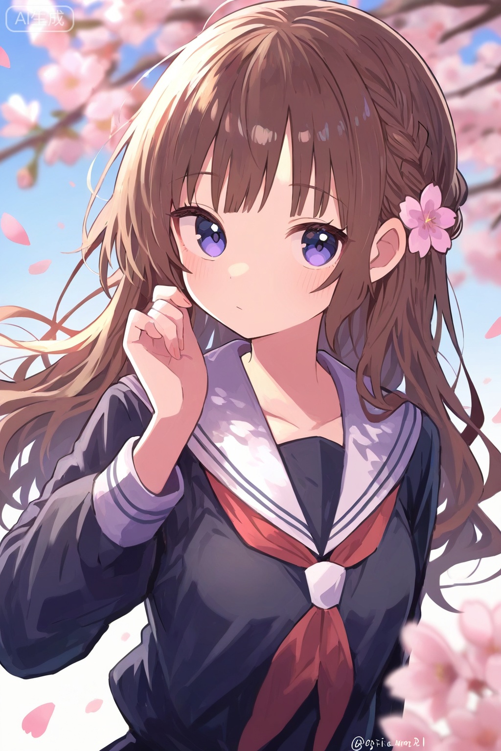 1girl,solo,school uniform,flower,long hair,red neckerchief,neckerchief,cherry blossoms,serafuku,hair ornament,hair flower,sailor collar,braid,upper body,looking at viewer,white sailor collar,branch,long sleeves,shirt,blue eyes,petals,bangs,outdoors,closed mouth,blurry,brown hair,hand up,pink flower,day,twitter username,purple eyes,black shirt,blushed,