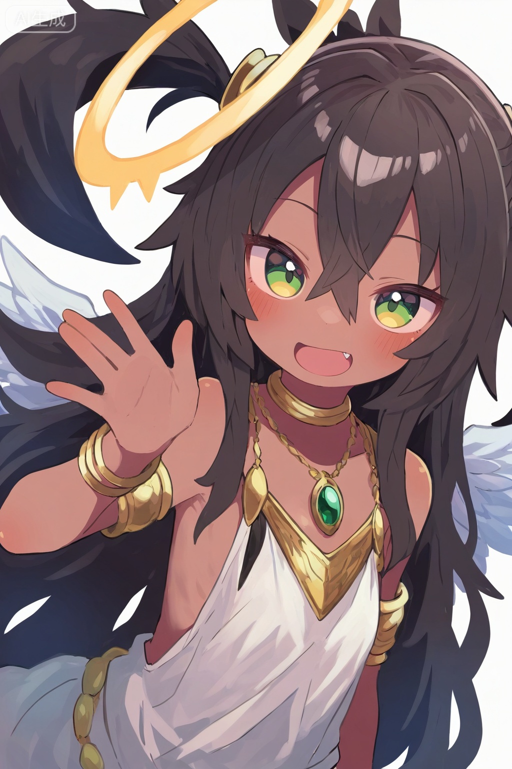 1girl,solo,loli,petite,solo,long hair,black hair,1girl,wings,smile,yellow eyes,dark skin,looking at viewer,open mouth,fang,halo,hair between eyes,jewelry,very long hair,green eyes,white background,angel,hand up,choker,upper body,sketch,dark-skinned female,blush,dress,best quality, amazing quality, very aesthetic
