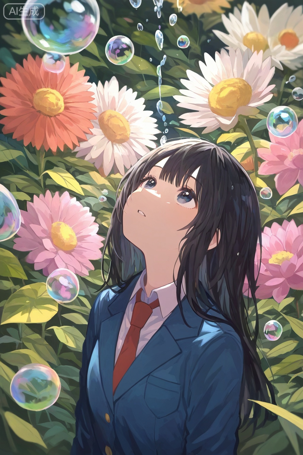 1girl, solo, long hair, bangs, shirt, black hair, school uniform, jacket, white shirt, upper body, flower, parted lips, necktie, collared shirt, blazer, looking up, blue jacket, red necktie, bubble