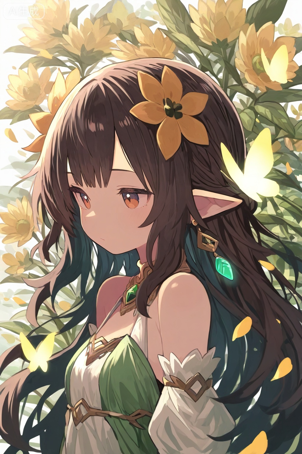 1girl,dress,solo,long hair,pointy ears,flower,hair ornament,upper body,bug,butterfly,petals,white dress,bare shoulders,green dress,glowing butterfly,hair flower,closed mouth,brown hair,jewelry,falling petals,black hair,detached sleeves,earrings,best quality, amazing quality, very aesthetic