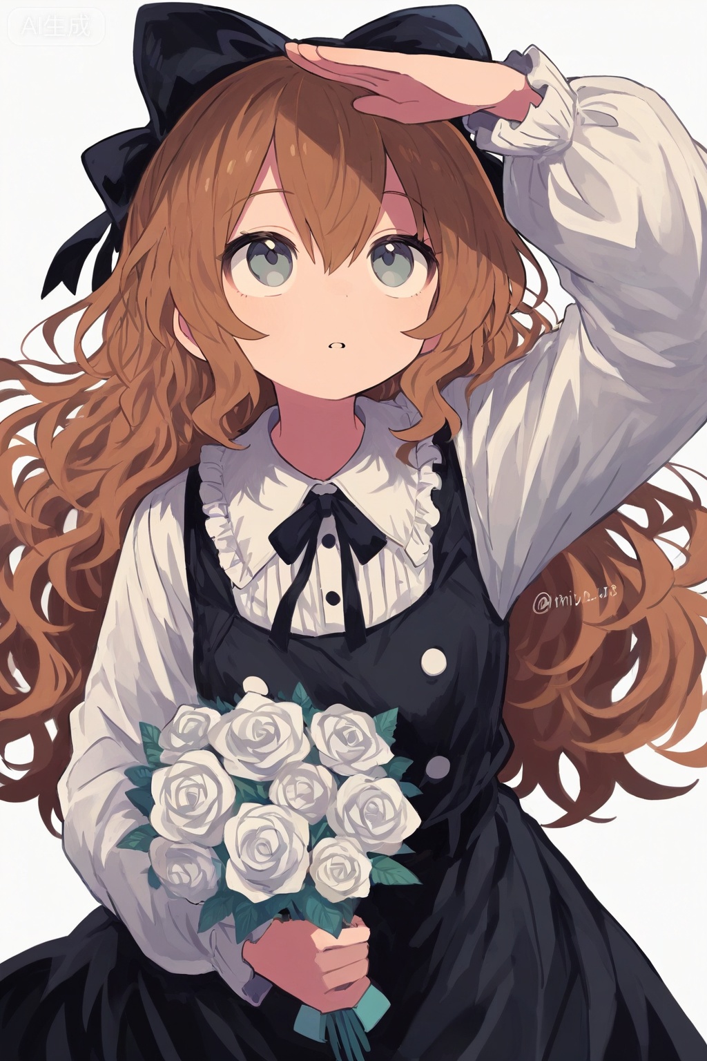 1girl,bouquet,solo,flower,holding bouquet,long hair,holding,long sleeves,shirt,brown hair,looking up,dress,white shirt,frills,white flower,shading eyes,rose,white rose,hair bow,black dress,bow,parted lips,grey eyes,collared shirt,ribbon,arm up,puffy long sleeves,black bow,simple background,wavy hair,holding flower,puffy sleeves,frilled shirt collar,white background,watermark,buttons,hair between eyes,cowboy shot,hair ribbon,looking afar,frilled dress,standing,pinafore dress,sleeveless dress,hand up,artist name,