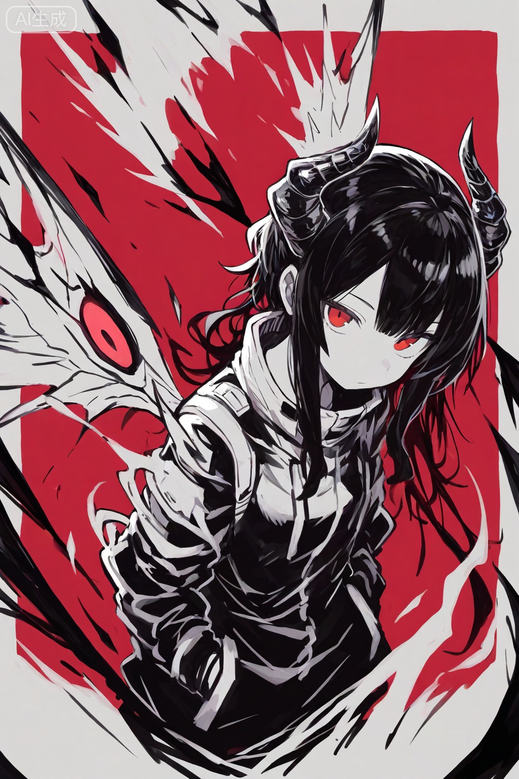1girl,red background,solo,horns,looking at viewer,long hair,simple background,closed mouth,wings,red eyes,red theme,sidelocks,limited palette,sketch,greyscale with colored background,black hair,jacket,best quality,amazing quality,very aesthetic,