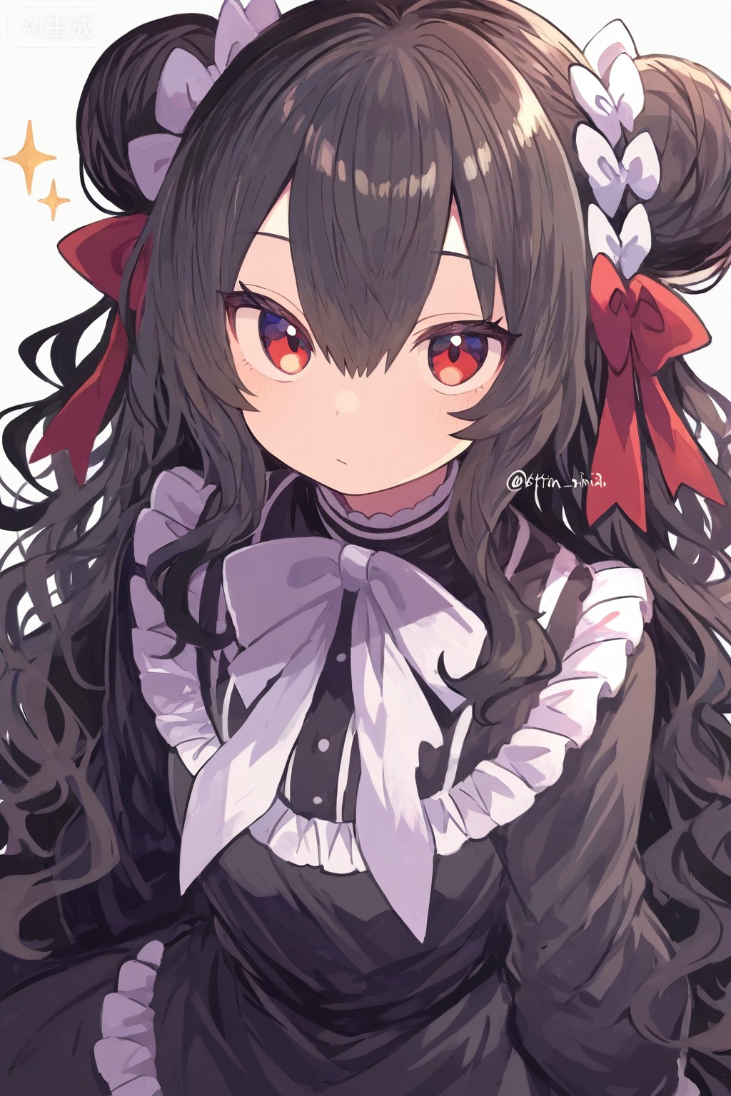 1girl,solo,long hair,looking at viewer,bangs,simple background,black hair,red eyes,long sleeves,white background,dress,bow,hair between eyes,very long hair,closed mouth,upper body,hair bow,frills,hair bun,twitter username,black dress,red bow,sparkle,wavy hair,white bow,
