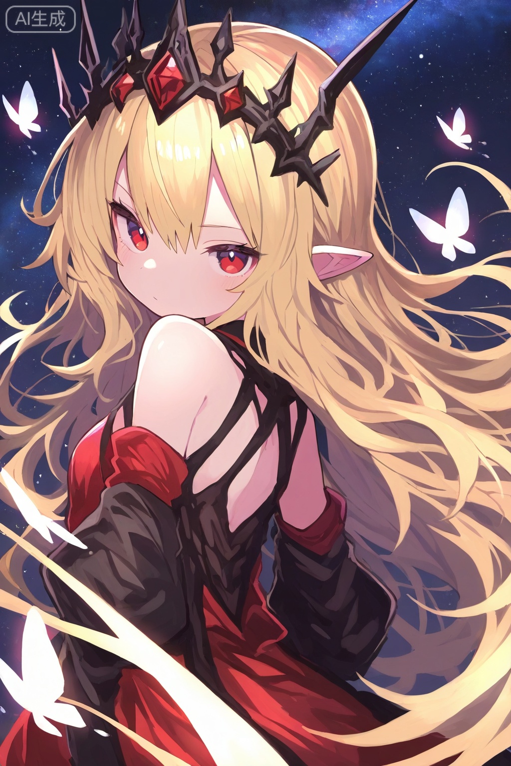 1girl,blonde hair,long hair,dress,pointy ears,solo,red eyes,butterfly,bare shoulders,looking at viewer,red dress,black dress,bug,crown,night,upper body,looking back,hair ornament,star (sky),best quality,amazing quality,very aesthetic,