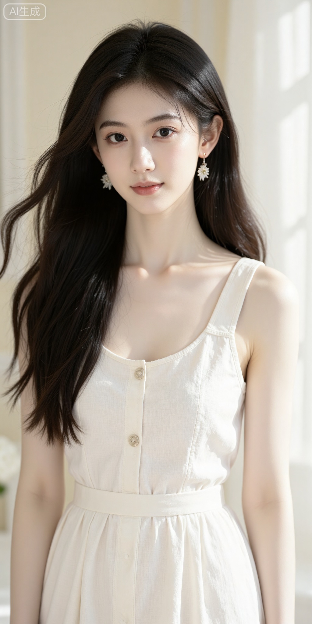  A young woman,hyperrealistic portrait,with long,flowing,dark brown hair.  Soft,natural light illuminates her face,casting subtle shadows.  Her skin is smooth and porcelain-like,with light peachy tones. She is wearing a simple,cream-colored linen sleeveless dress,with visible texture and subtle creases.  The dress has a scoop neckline and a front closure with small,button-like details.  The woman's posture is relaxed and engaging.  She has delicate,light-colored earrings with a floral or leaf  design.  The background is a soft,off-white and subtle cream. The lighting is soft and diffused,creating a gentle,airy atmosphere.  Focus on the face and shoulders.  Slight bokeh effect.,