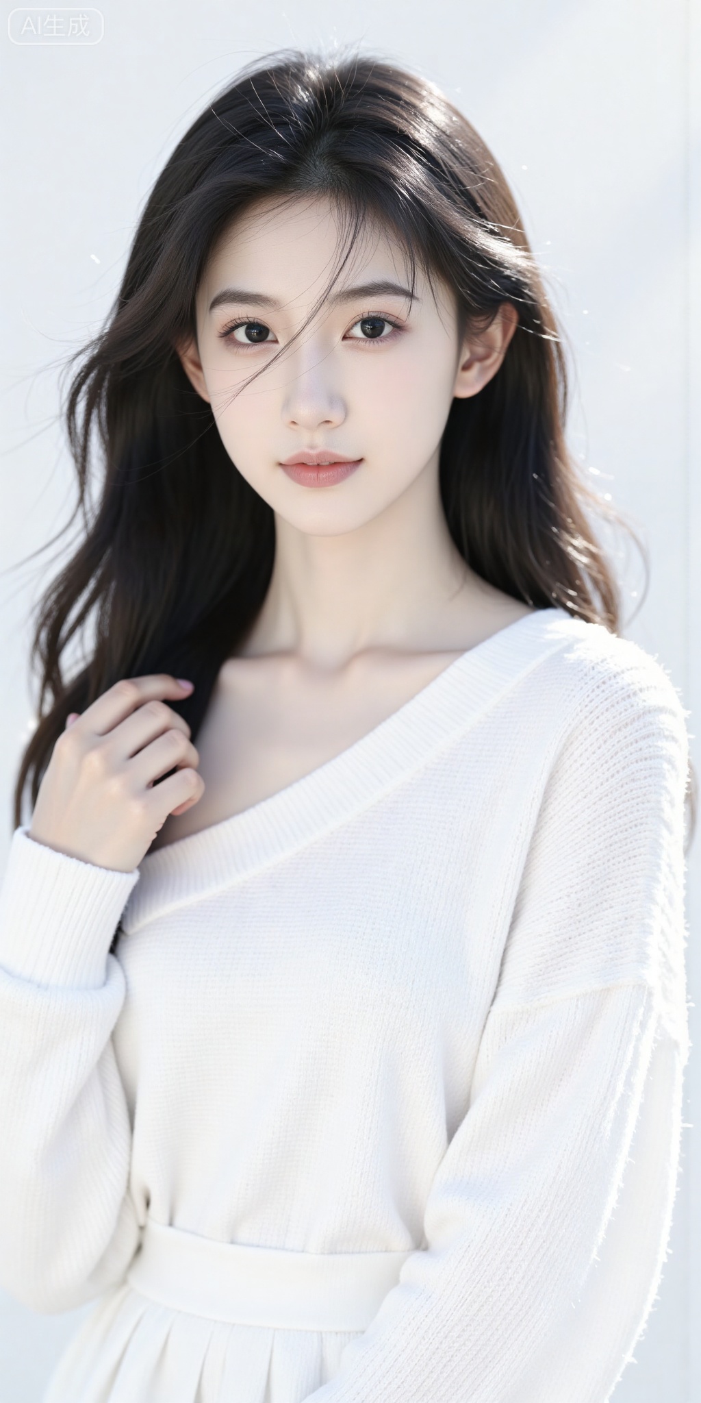 Chinese beautiful lady, beautiful face, fashionable clothing, wearing a white sweater and dress, exposed one shoulder, sunlight transmits through hair, clear contours, fair skin and beautiful appearance, high definition, elegant, good texture of the picture, distance, solid background, bright light, and portrait photography.