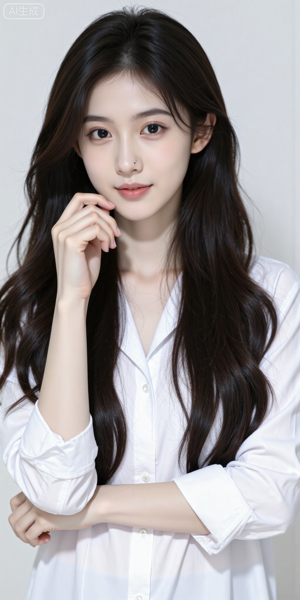 a woman with long hair and a white shirt is posing for a picture with her hand on her chin
