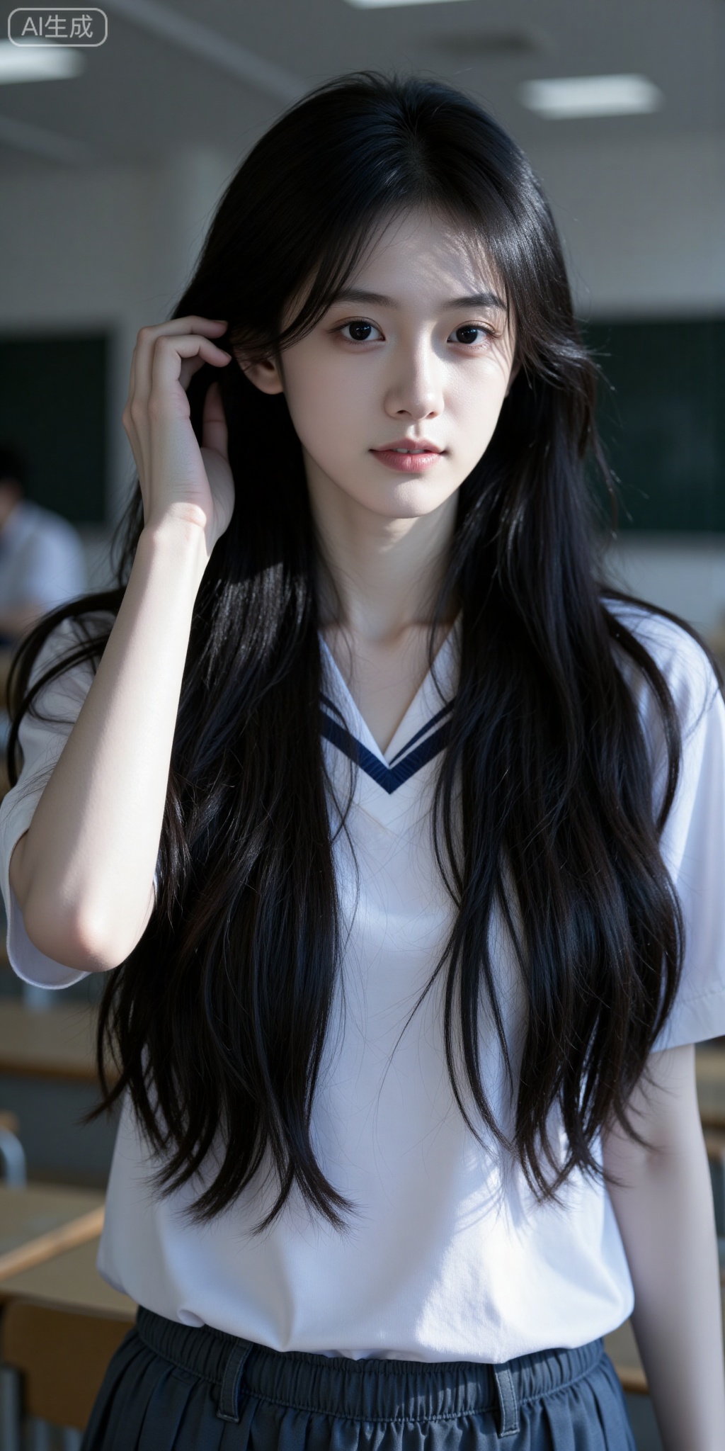 1. Beauty with super long hair, clear and campus-style, with one hand pushing her hair behind her ear, in a school classroom, Lycra-like filter, natural skin, photography art, focused face, clear shadows, and rich details. Movie atmosphere, emotional atmosphere, clear lines, contrast between light and dark, overexposure, cold tone, slow shutter speed with a sense of memory, hazy aesthetics, and a sense of layering.