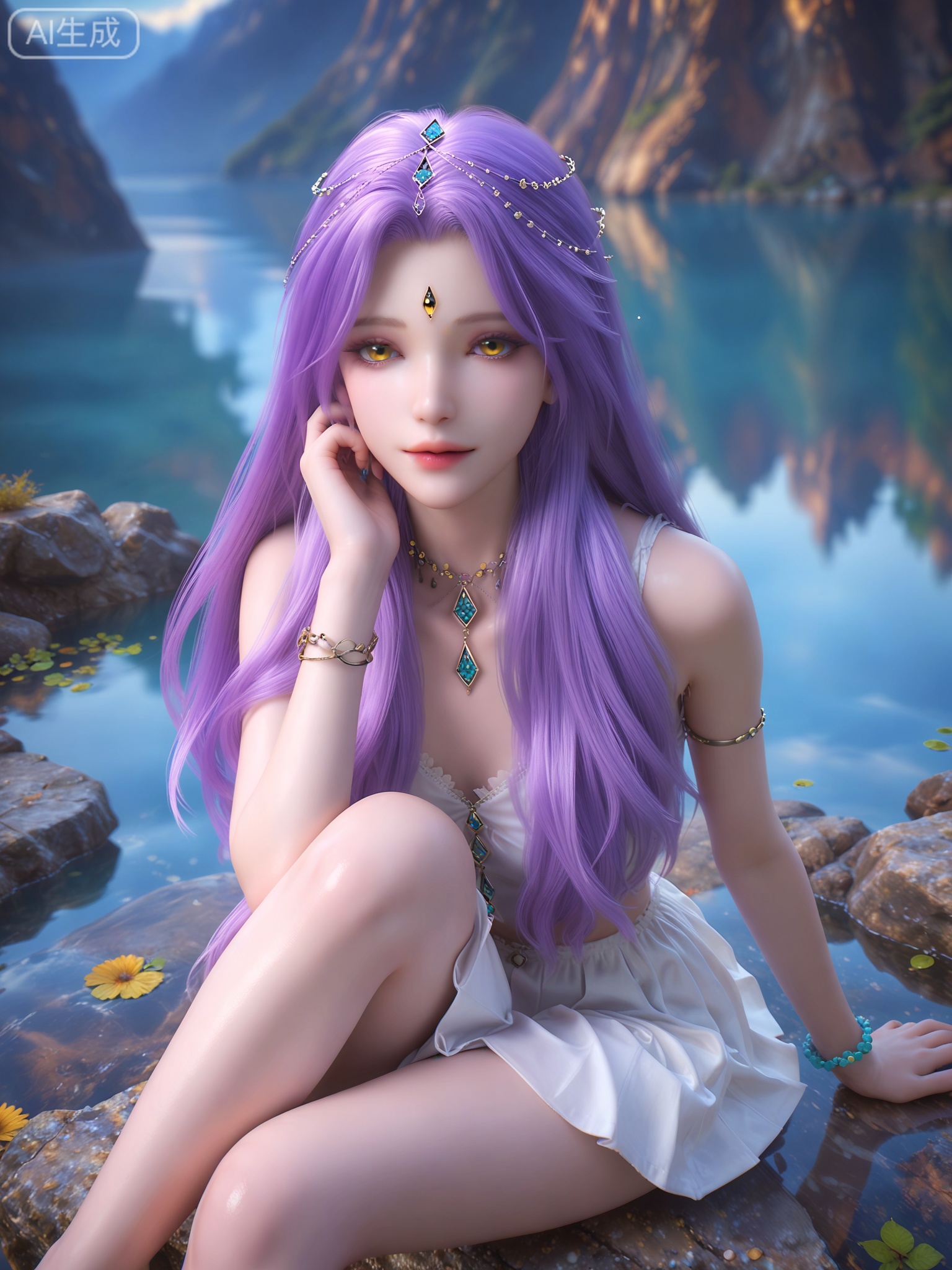 score_9,score_8_up,score_7_up,1girl,solo,looking_at_viewer,realistic,photorealistic,1girl,Vivid Colors,bright environment,shiny skin,detail eyes,Eyes highlights,extreme detail description,(full body:0.8),light,sunshine,bright,reflection,bright,sunshine on face,shiny,shinny,petite,thin,leg slimming,lose weight,slim hips,lakeside,delicate water,reflection,specular reflection,sitting_down,bracelet,purple-hair,white skirt,forehead jewel,circlet,necklace,