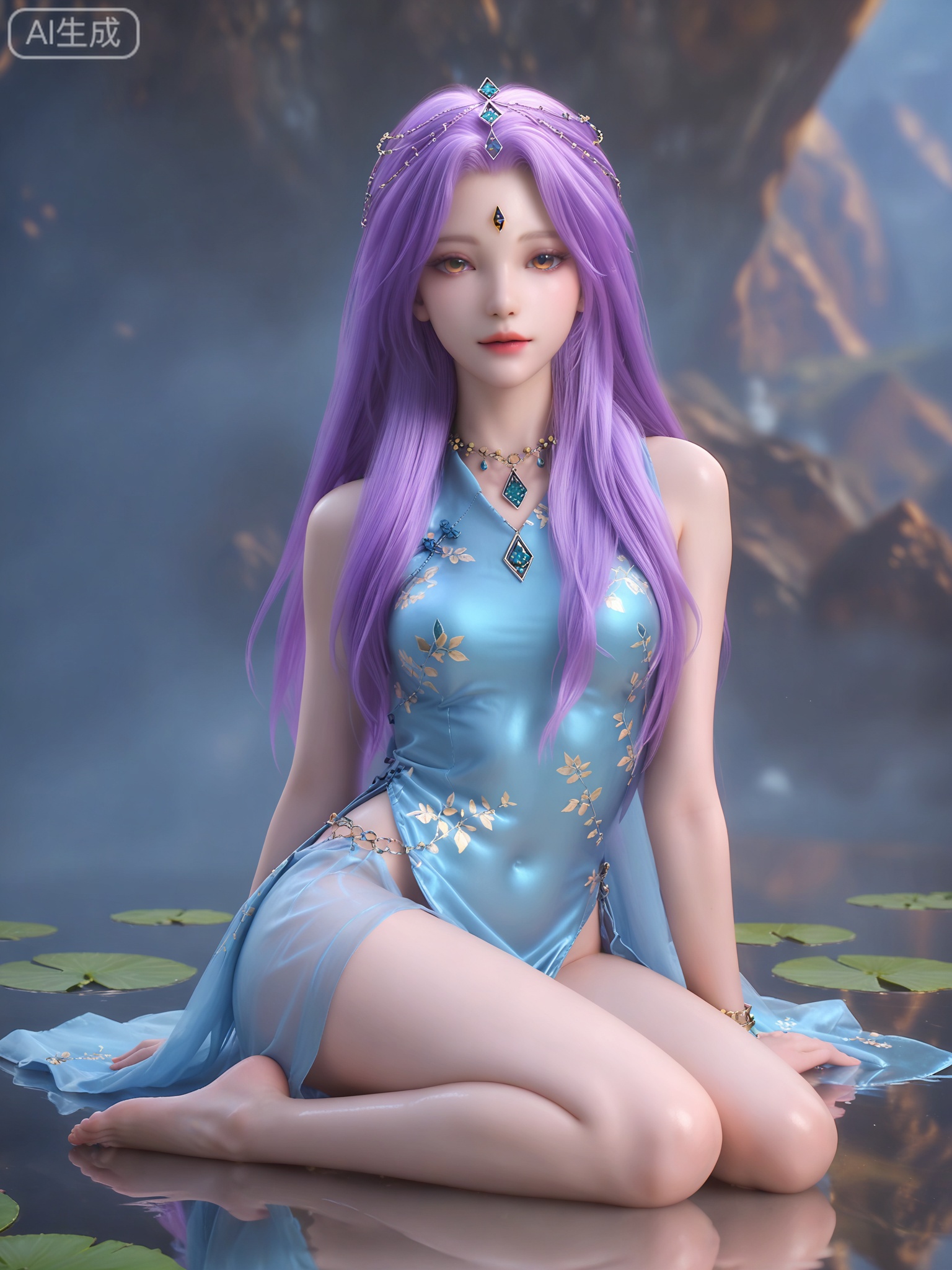 score_9,score_8_up,score_7_up,1girl,solo,looking_at_viewer,realistic,photorealistic,1girl,Vivid Colors,bright environment,shiny skin,detail eyes,Eyes highlights,extreme detail description,(full body:0.8),light,sunshine,bright,reflection,bright,sunshine on face,shiny,shinny,petite,thin,leg slimming,lose weight,slim hips,lakeside,delicate water,reflection,specular reflection,sitting_down,bracelet,purple-hair,white chinese_clothes,forehead jewel,circlet,necklace,