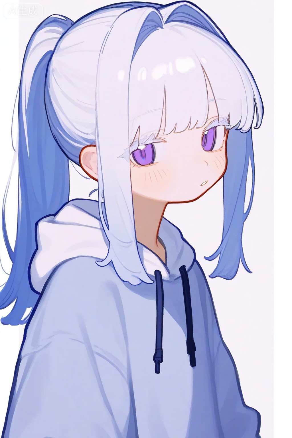1girl, solo, hood, hoodie, purple eyes, white background, upper body, looking at viewer, long hair, simple background, ponytail, hood down, bangs, sidelocks, pillarboxed, blue hair, drawstring, white hair, closed mouth, white hoodie, blue hoodie, colored eyelashes, blush, long sleeves, hair intakes, eyebrows visible through hair, expressionless, parted lips