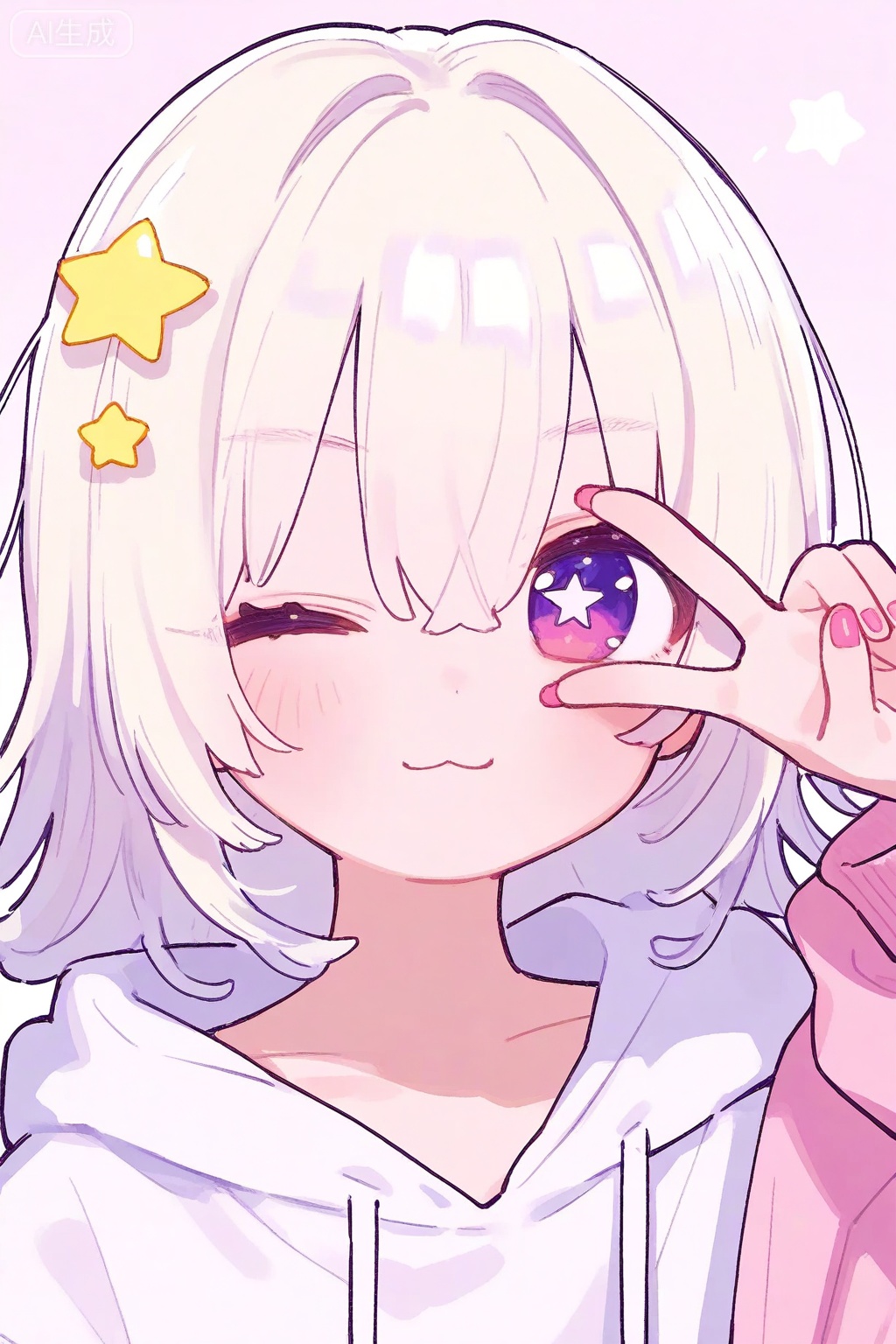 1girl, solo, one eye closed, v, hood, star (symbol), looking at viewer, hoodie, purple eyes, v over eye, long sleeves, smile, blush, hair ornament, closed mouth, hood down, hair between eyes, white hair, simple background, jacket, :3, white background, star hair ornament, hand up, pink nails, blonde hair, white hoodie, upper body, nail polish, pink hoodie, portrait, medium hair, pink eyes, pink jacket, bangs, eyebrows visible through hair, pink background, collarbone, symbol in eye, close-up, pink theme