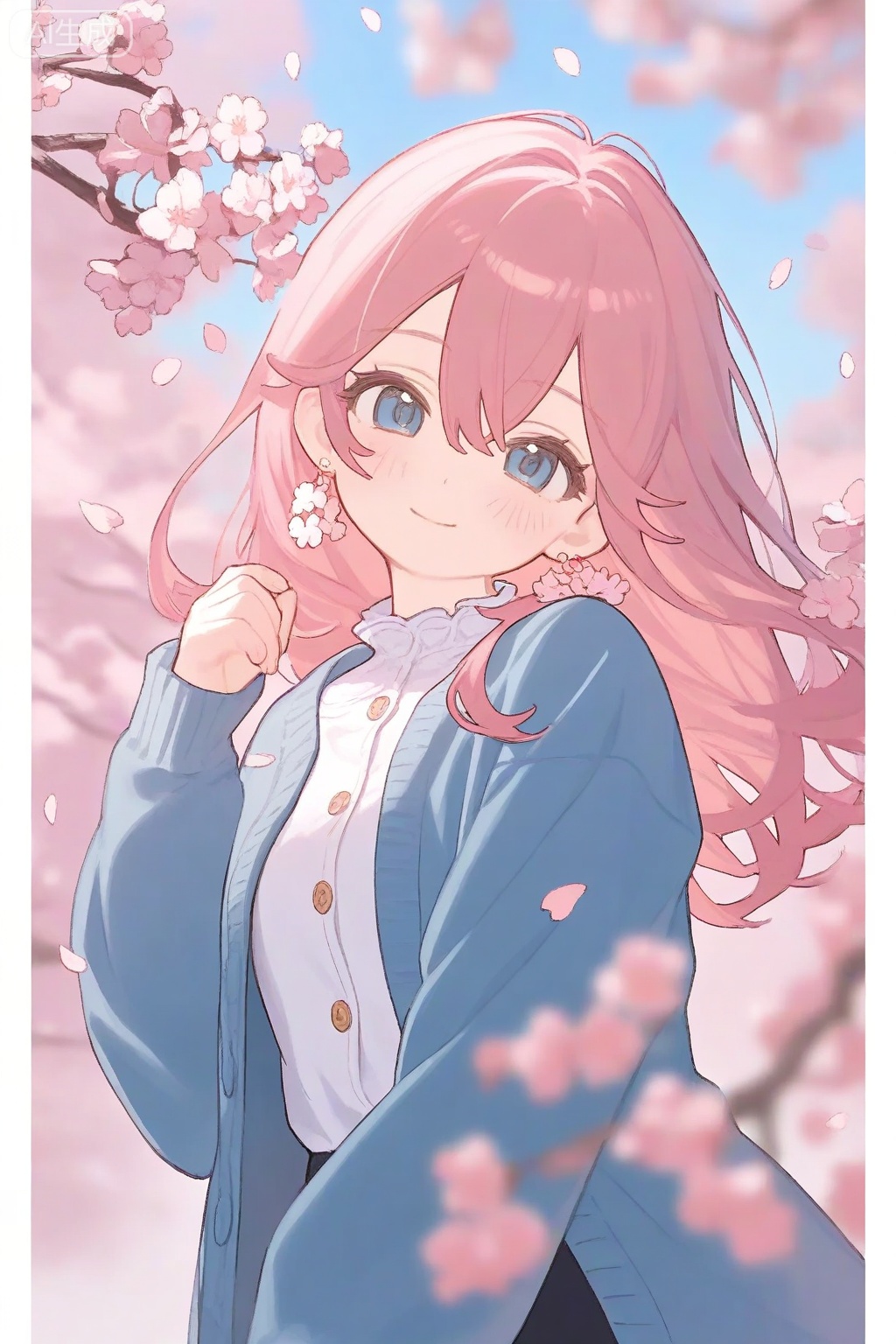 1girl, solo, cherry blossoms, pink hair, long hair, shirt, upper body, earrings, petals, jewelry, looking at viewer, flower earrings, closed mouth, smile, white shirt, open clothes, blue eyes, falling petals, long sleeves, flower, blush, outdoors, branch, day, jacket, pillarboxed, buttons, pink flower, blurry, bangs, blue cardigan, open cardigan, cardigan, hair between eyes, open jacket, blue jacket, frills, blue sky, head tilt, skirt, sky