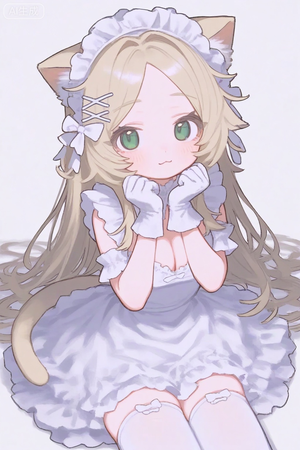 1girl, :3, animal ear fluff, animal ears, blonde hair, blush, bow, breasts, cat ears, cat girl, cleavage, closed mouth, cowboy shot, dress, frilled dress, frills, gloves, green eyes, hair bow, hair ornament, hands up, long hair, looking at viewer, maid headdress, parted bangs, paw pose, simple background, sitting, solo, thighhighs, white background, white bow, white gloves, white theme, white thighhighs, x hair ornament