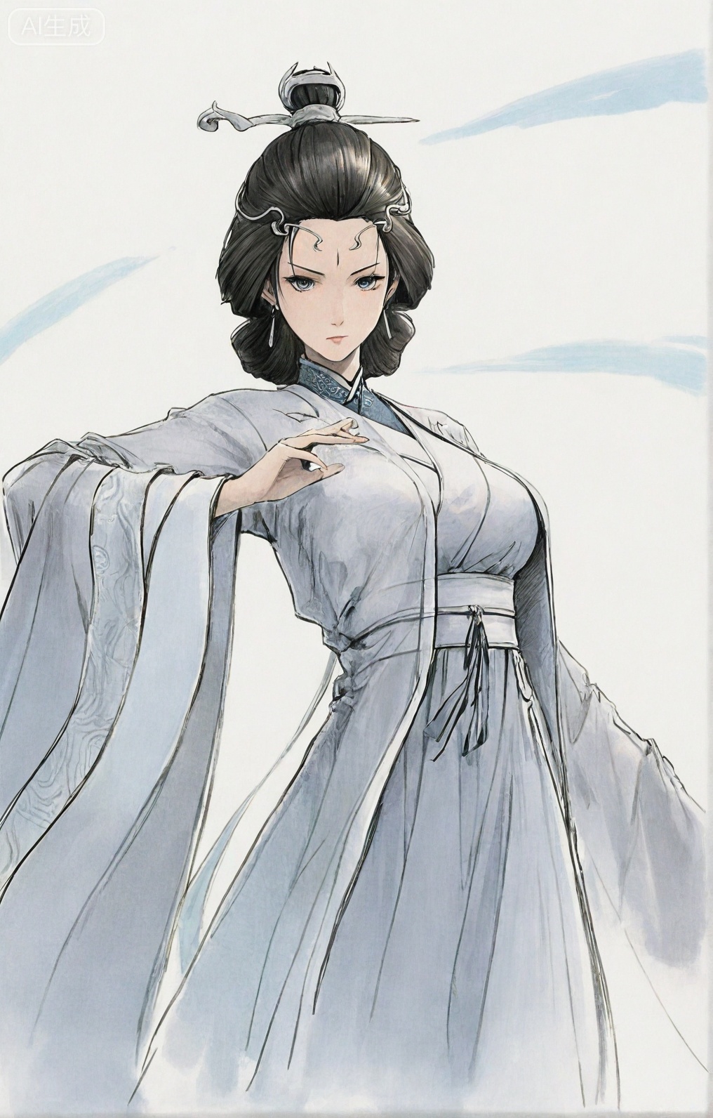 ((very awa)),(solo),highly detailed,(best quality),((masterpiece)),1girl,chi,,painting \(medium\),watercolor \(medium\),black hair,simple background,large breasts,lineart,flat color,ge,,,shuiyue,mature female,black hair,chinese clothes,hair ornament,jewelry,earrings,facial mark,