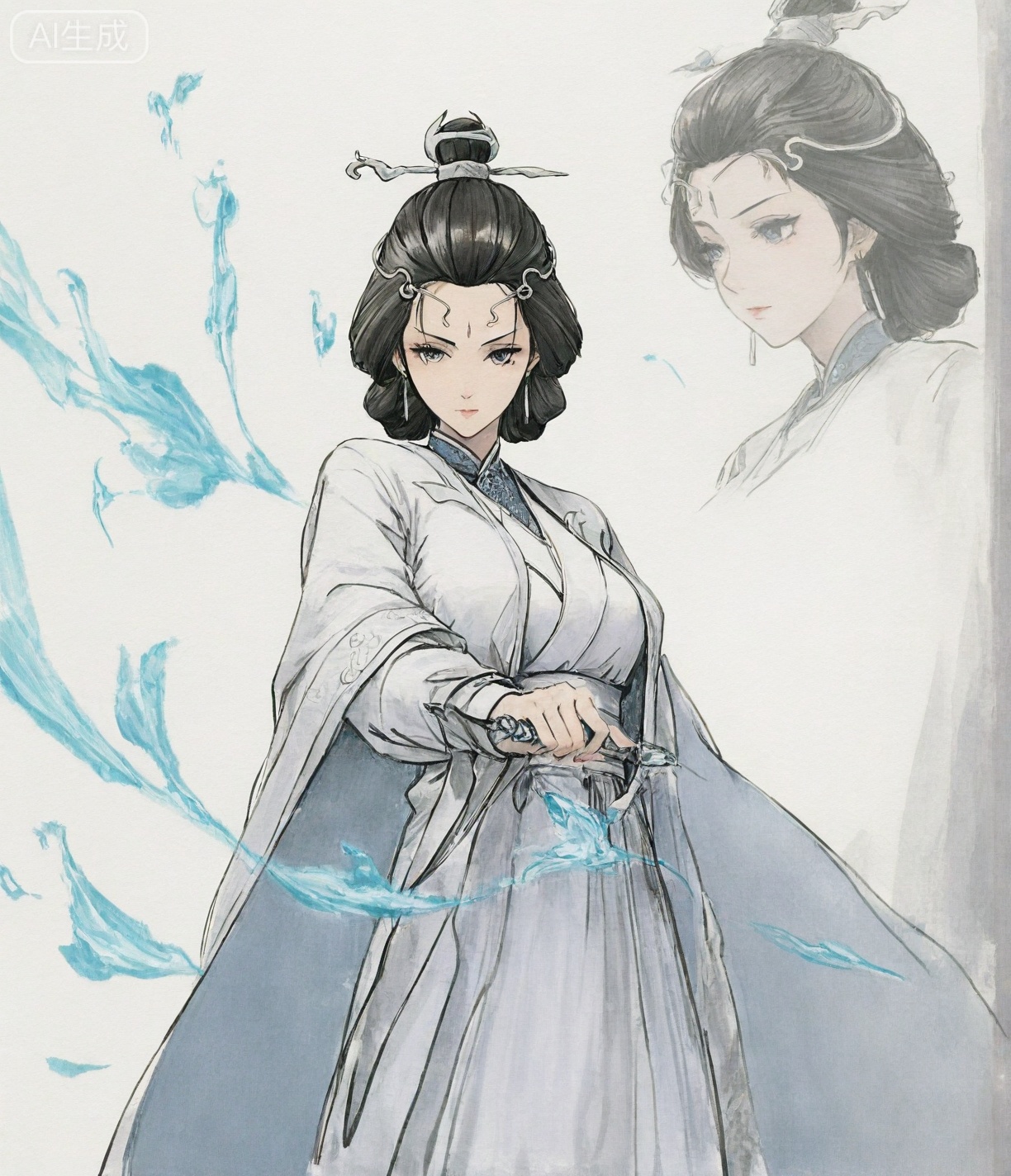 ((very awa)),(solo),highly detailed,(best quality),((masterpiece)),1girl,chi,,painting \(medium\),watercolor \(medium\),black hair,simple background,large breasts,lineart,flat color,ge,,,shuiyue,mature female,black hair,chinese clothes,hair ornament,jewelry,earrings,facial mark,